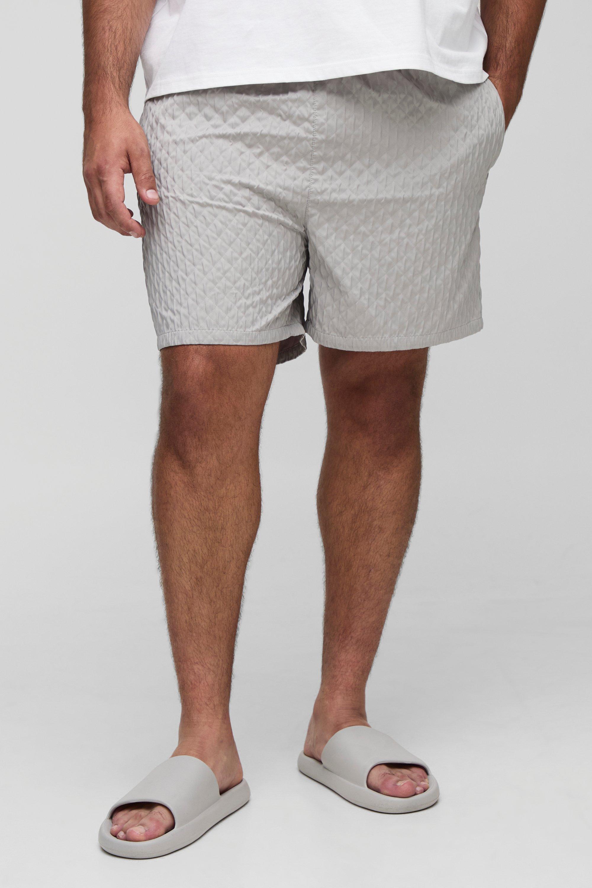 Mens Grey Plus Textured Mid Length Swim Shorts, Grey