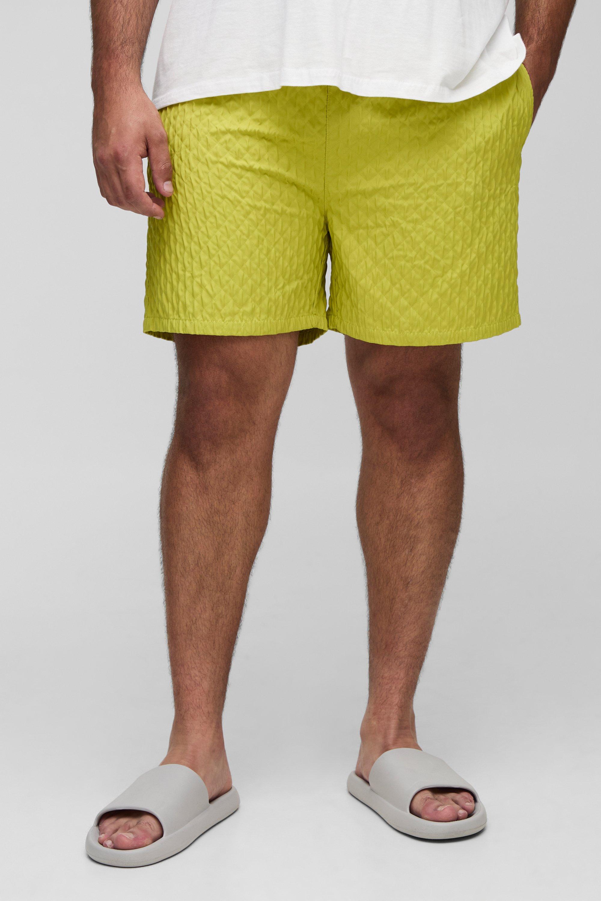 Mens Green Plus Textured Mid Length Swim Shorts, Green