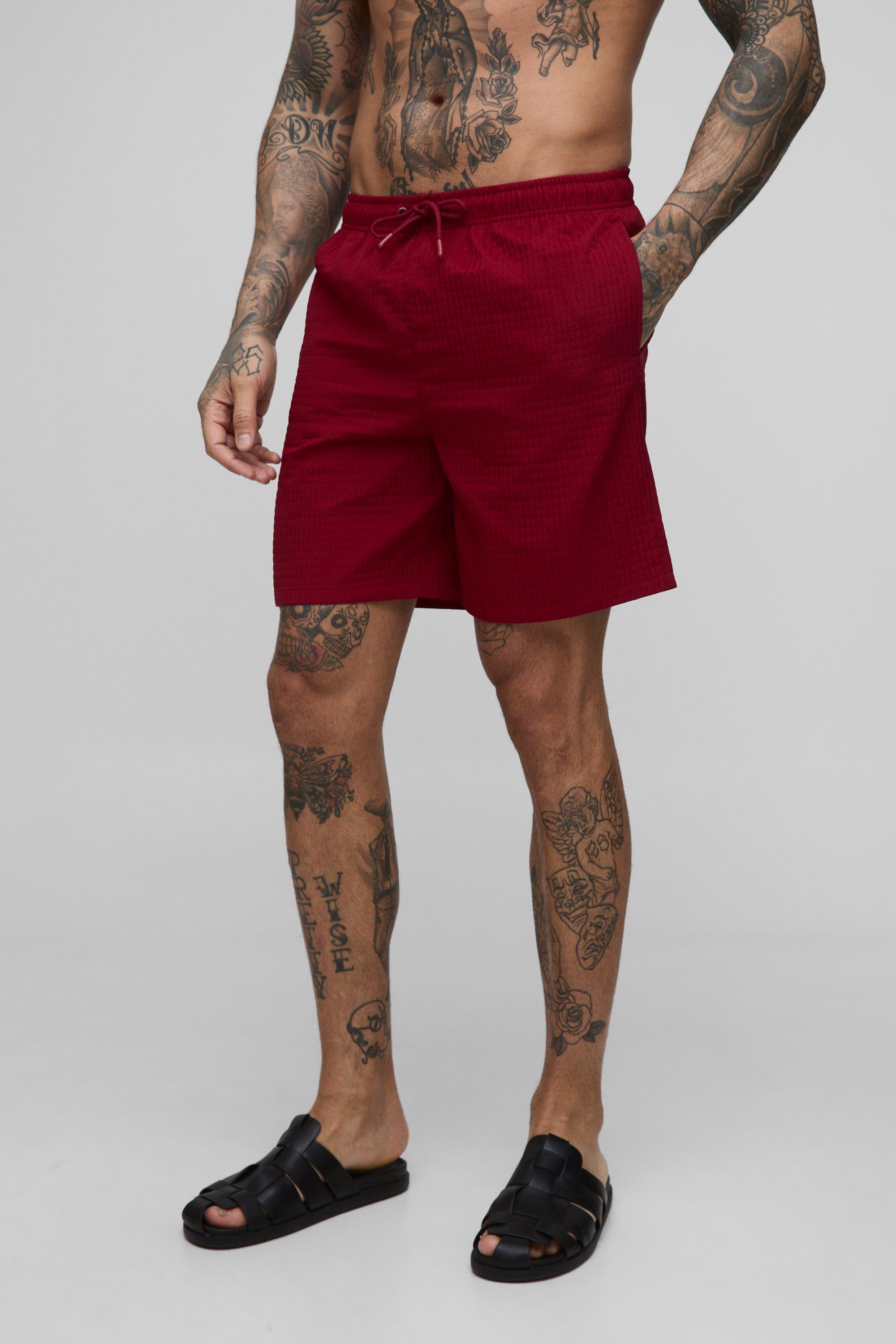 Mens Red Tall Ripstop Mid Length Swim Shorts, Red