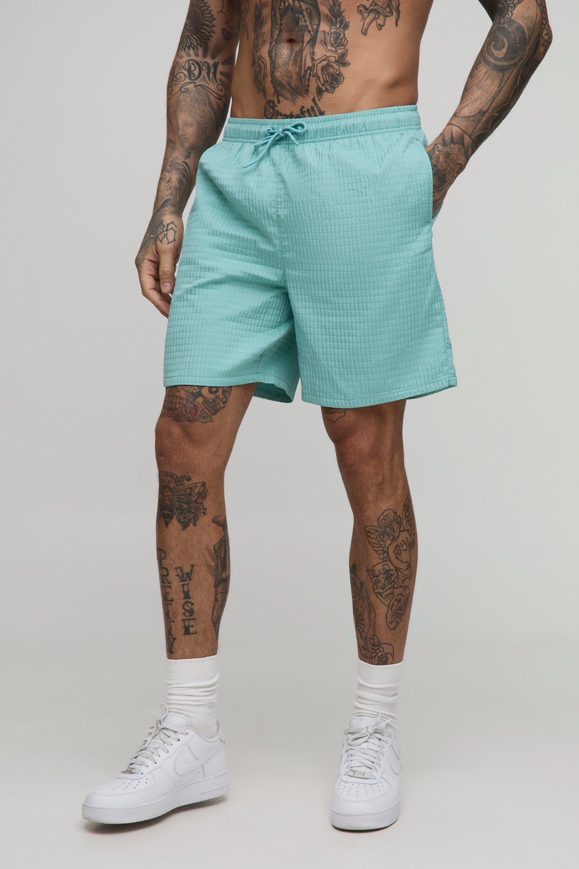 Mens Green Tall Ripstop Mid Length Swim Shorts, Green