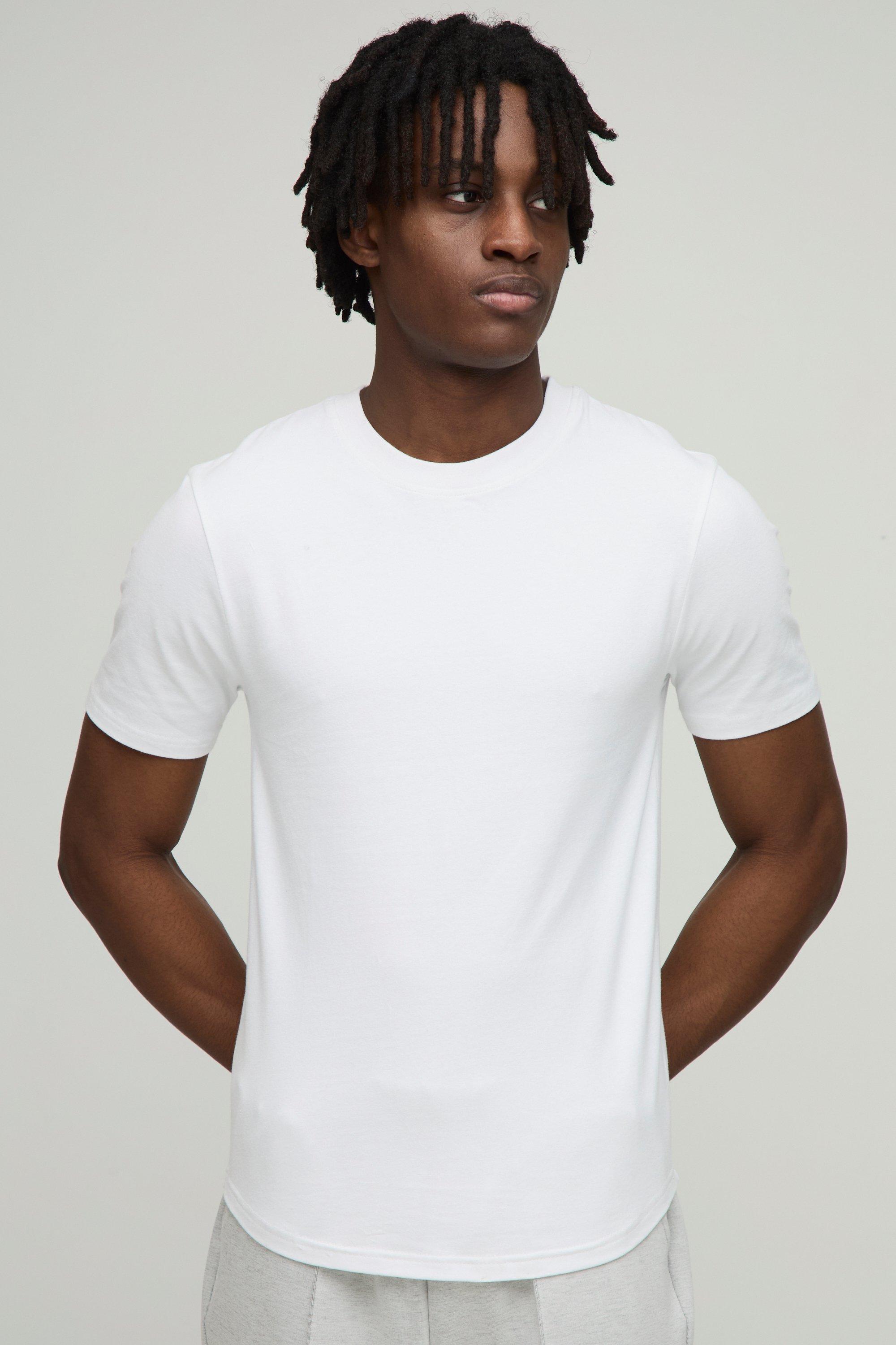 Mens White Basic Muscle Fit Curved Hem T-Shirt, White
