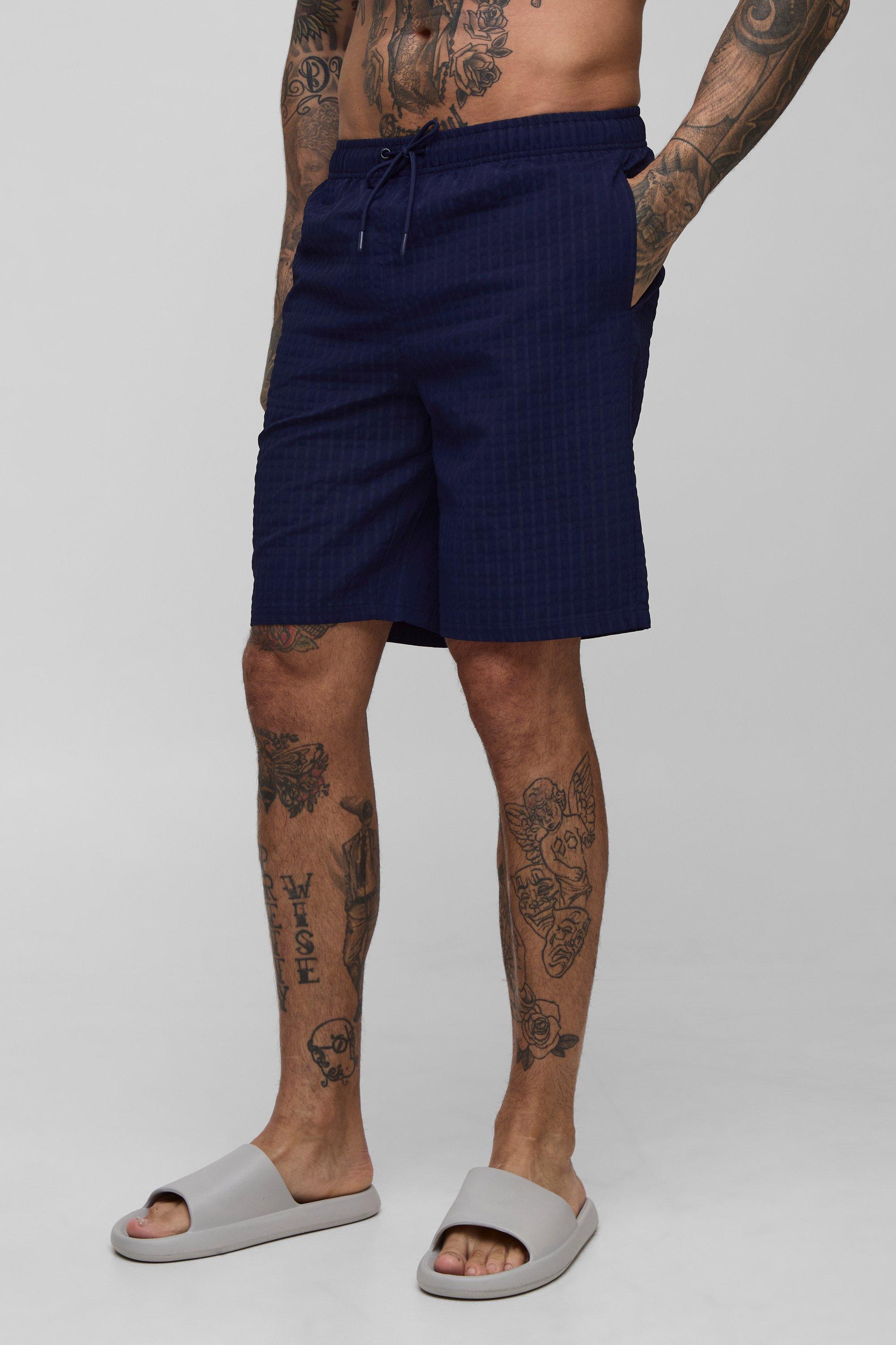 Mens Navy Tall Seersucker Check Long Length Swim Short, Navy