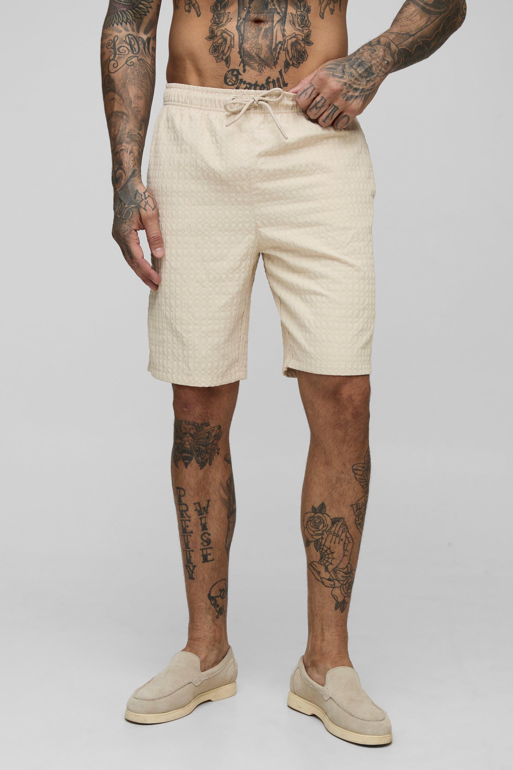 Mens Beige Tall Seersucker Check Long Length Swim Shorts, Beige