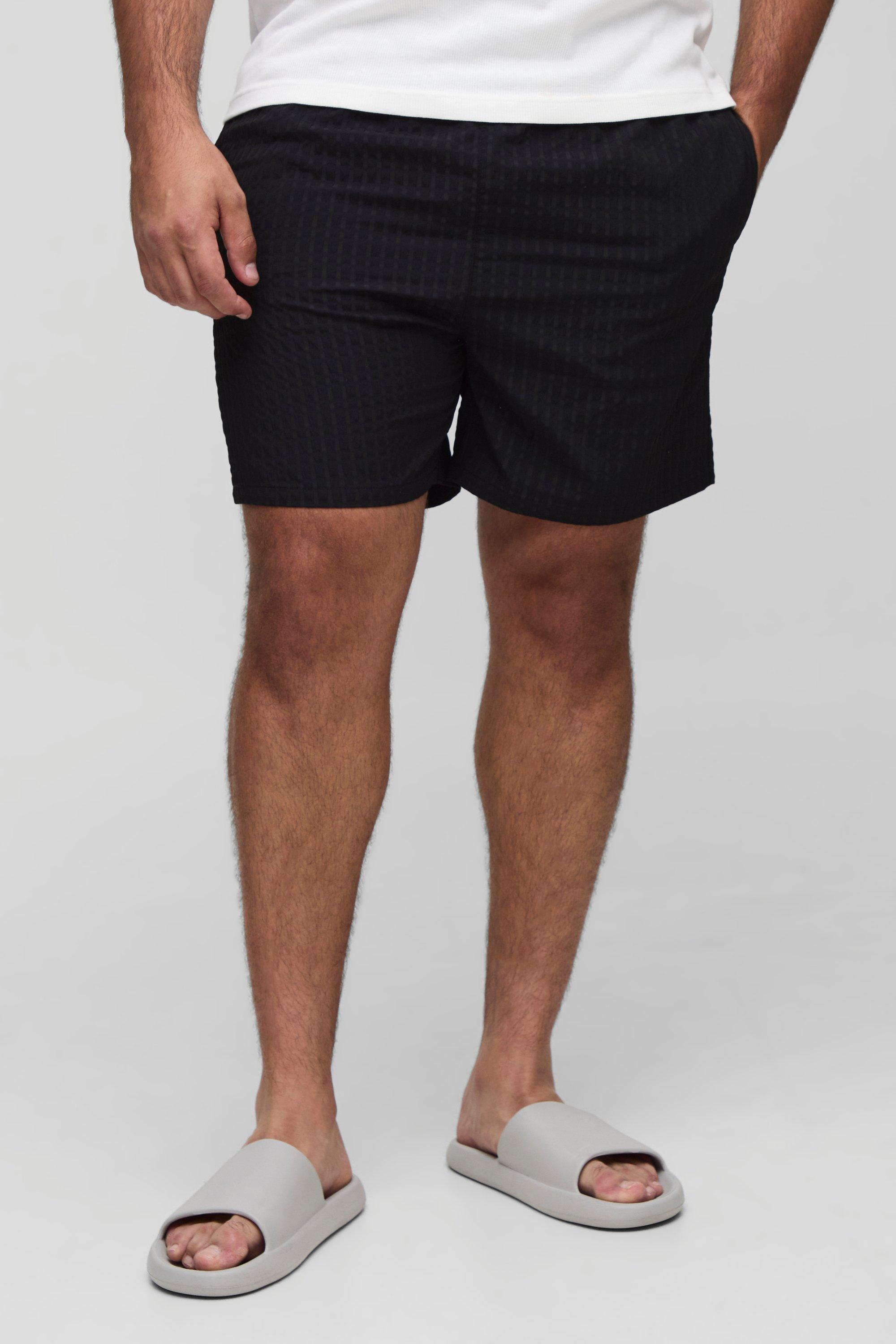 Mens Black Plus Seersucker Check Mid Length Swim Short, Black