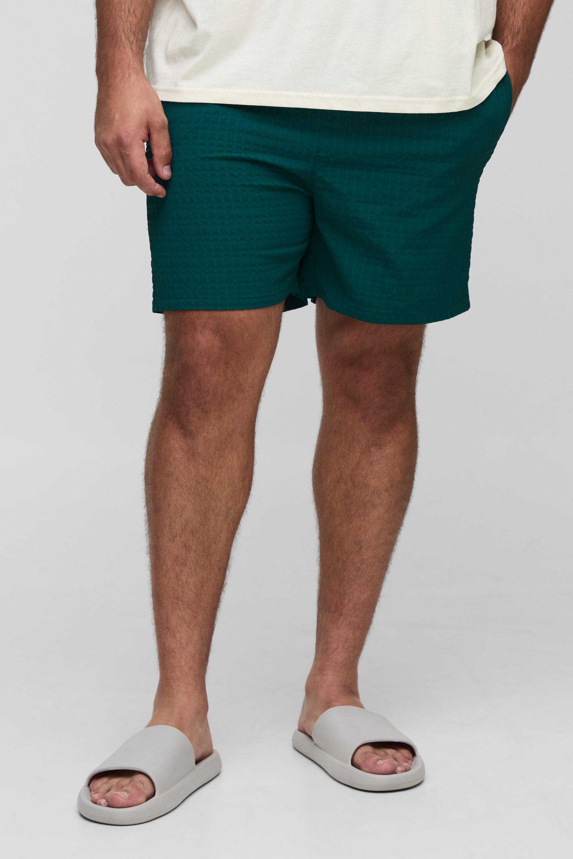 Mens Green Plus Seersucker Check Mid Length Swim Short, Green