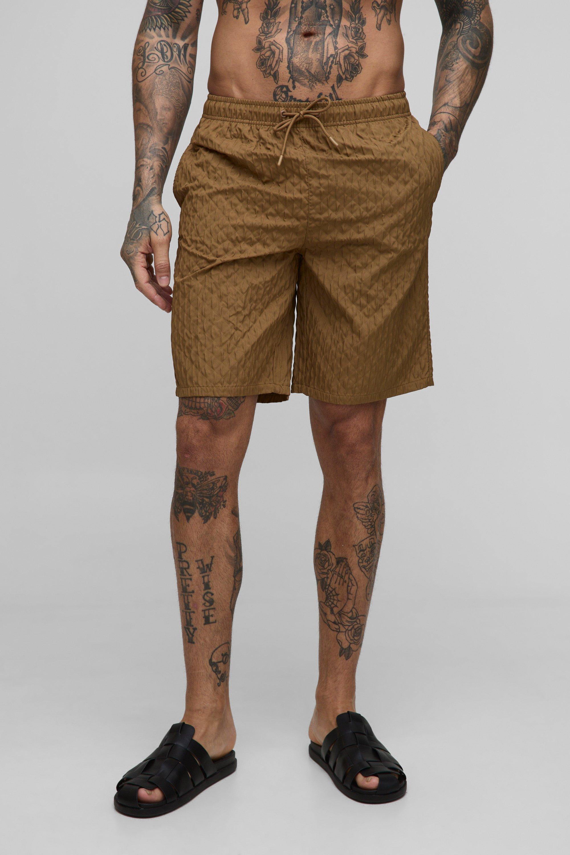 Mens Brown Tall Textured Long Length Swim Shorts, Brown