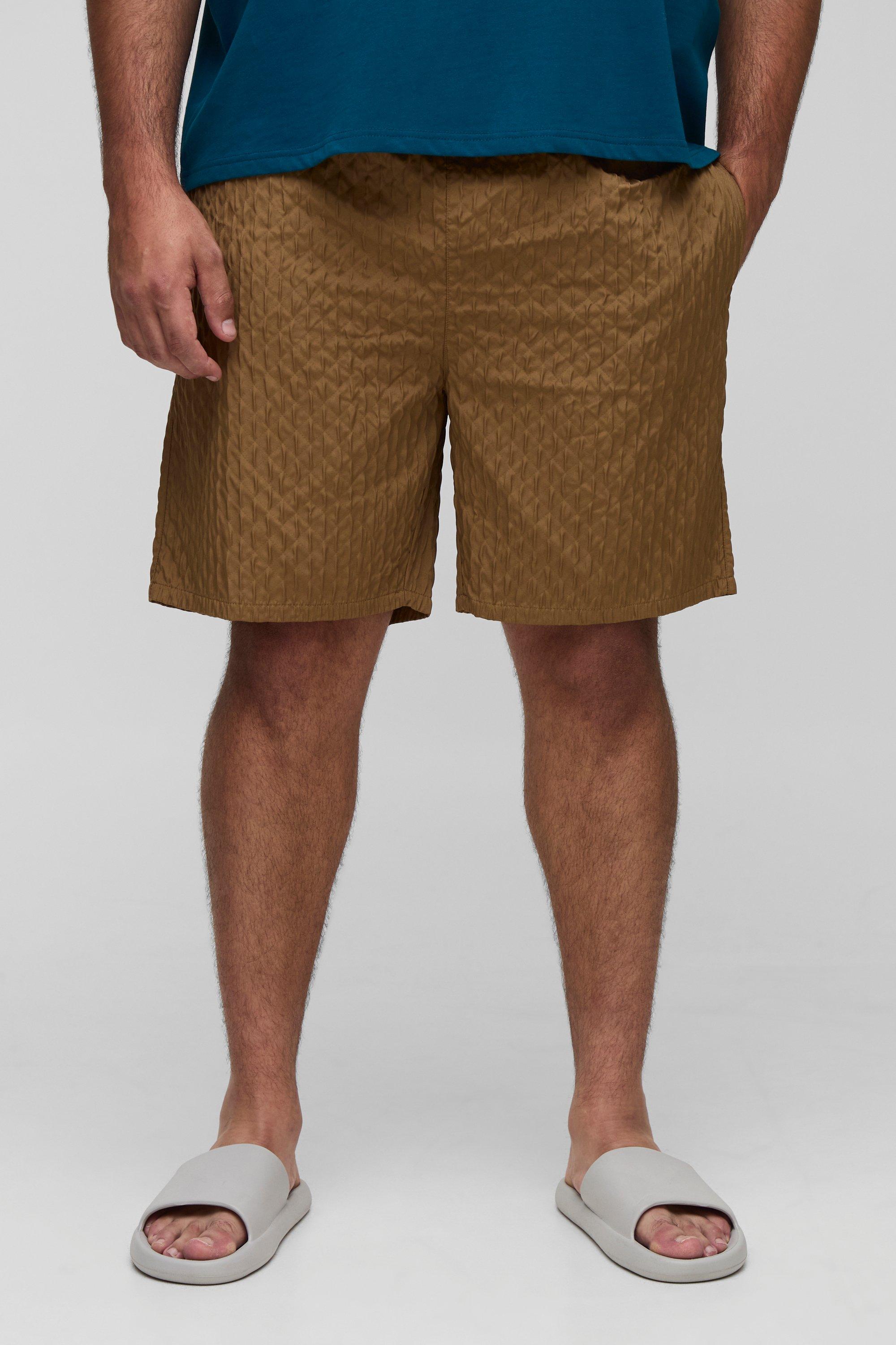 Mens Brown Plus Textured Long Length Swim Short, Brown