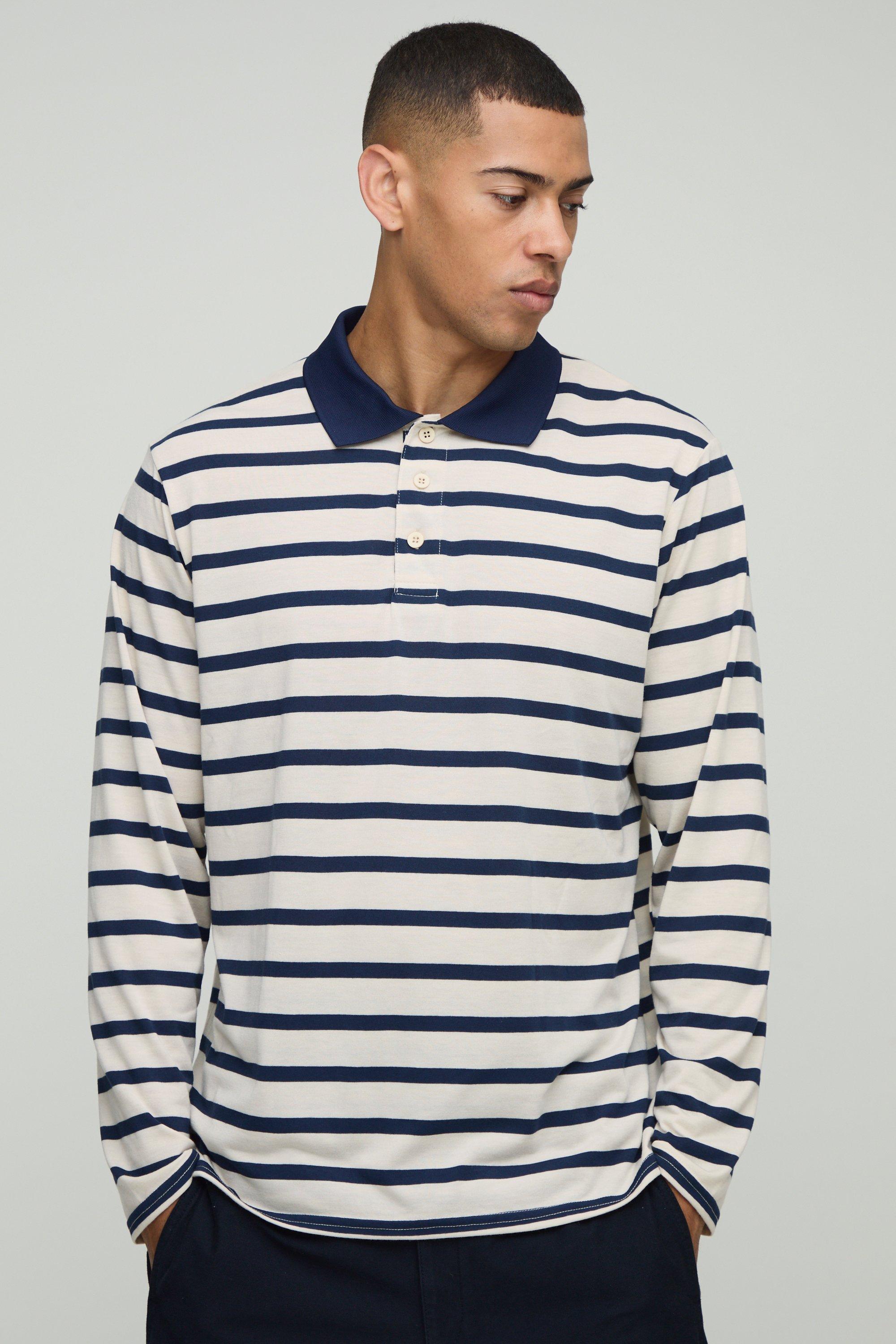 Mens Navy Regular Fit Stripe Long Sleeve Button Rugby Polo, Navy