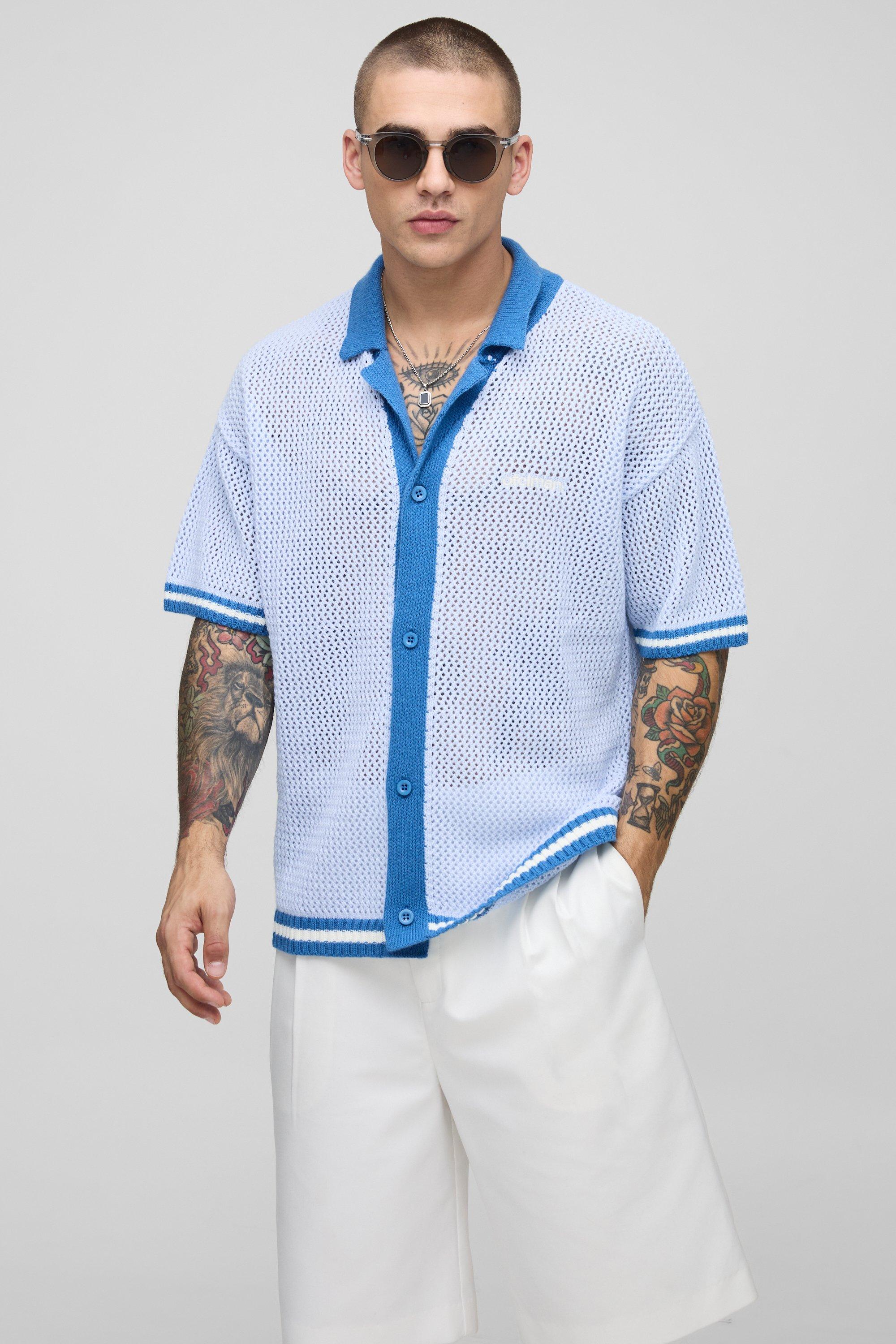 Mens Blue Relaxed Fit Striped Hem Open Stitch Knitted Shirt, Blue