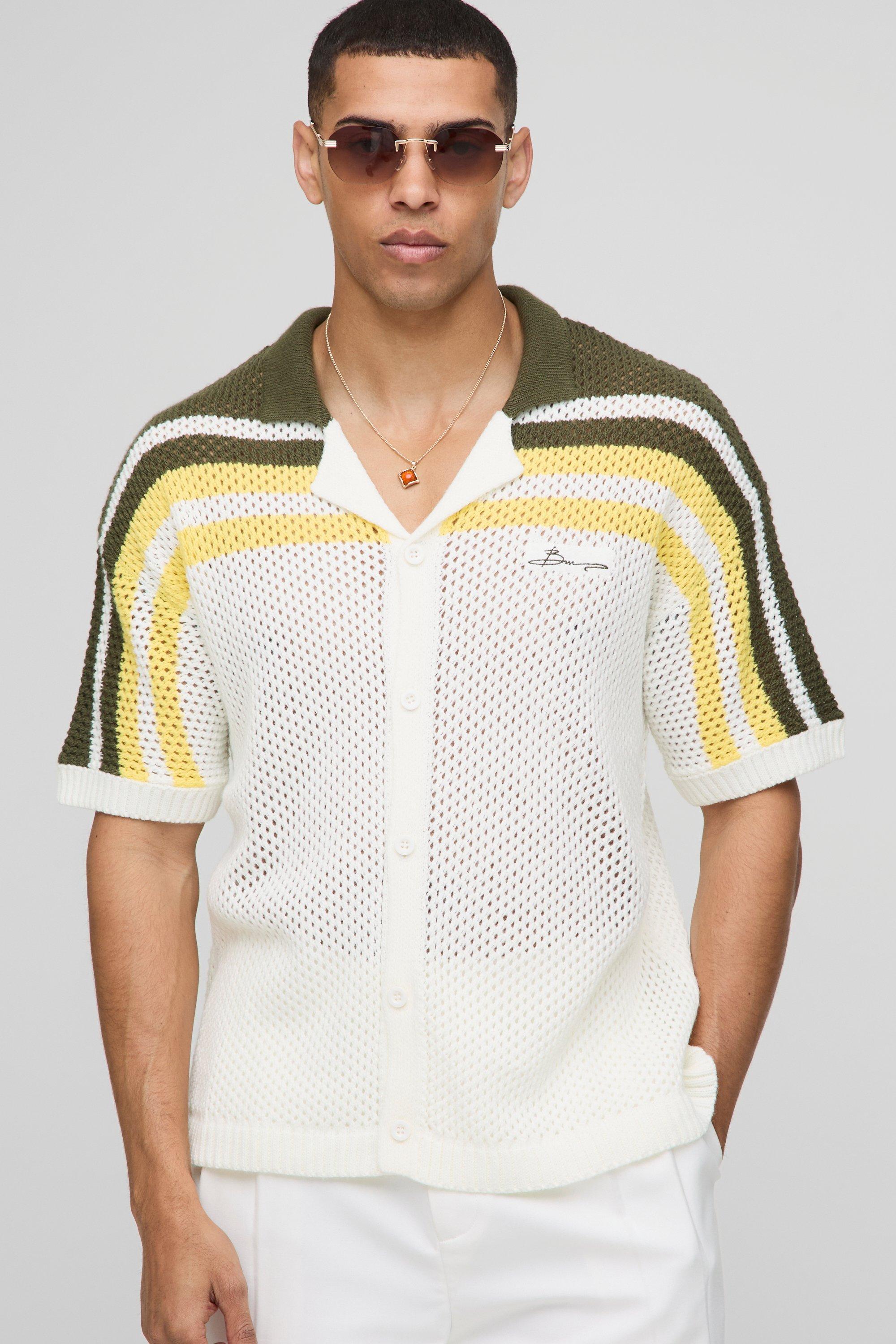 Mens Green Relaxed Fit Striped Open Stitch Knitted Shirt, Green