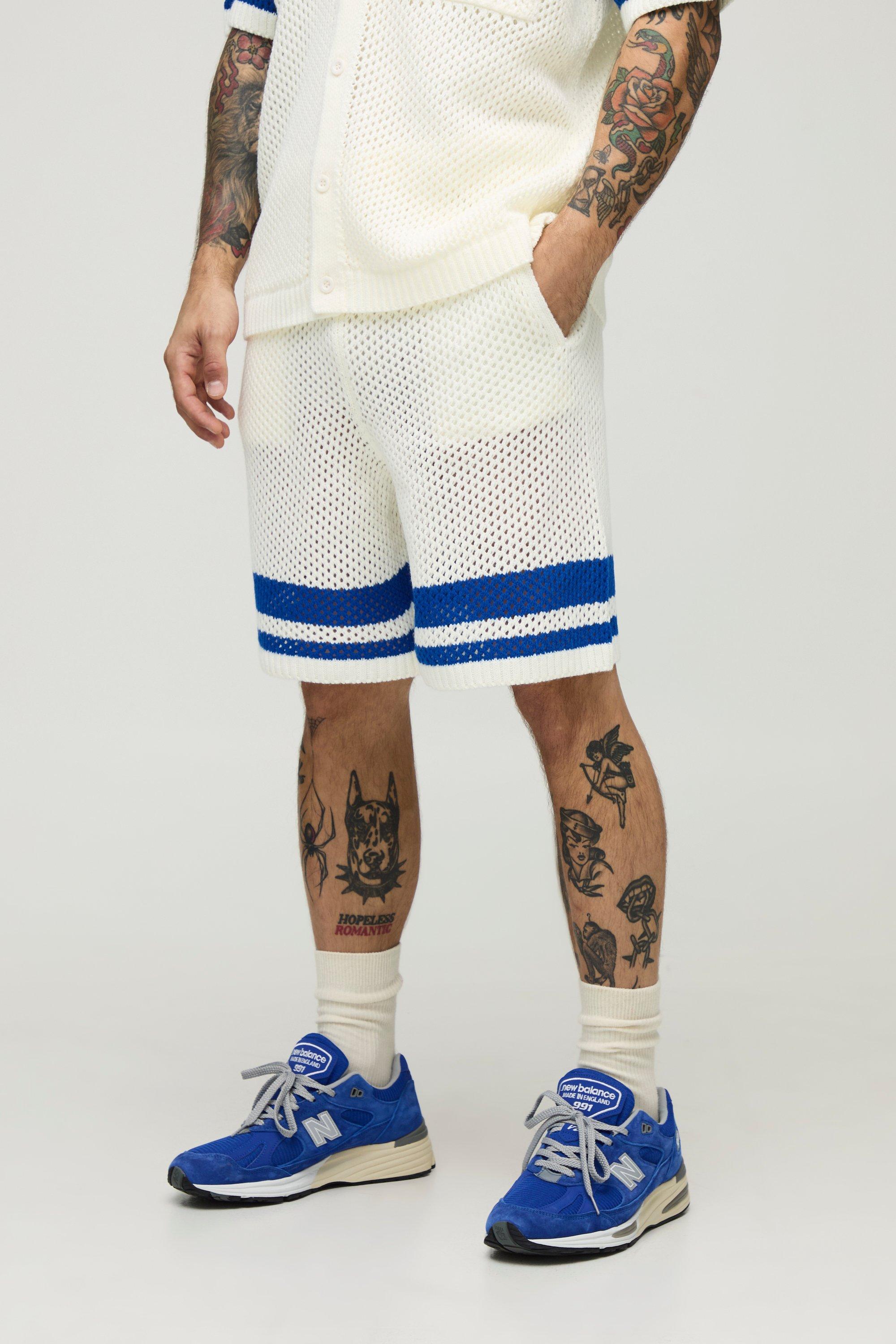Mens Blue Relaxed Fit Striped Open Stitch Shorts, Blue