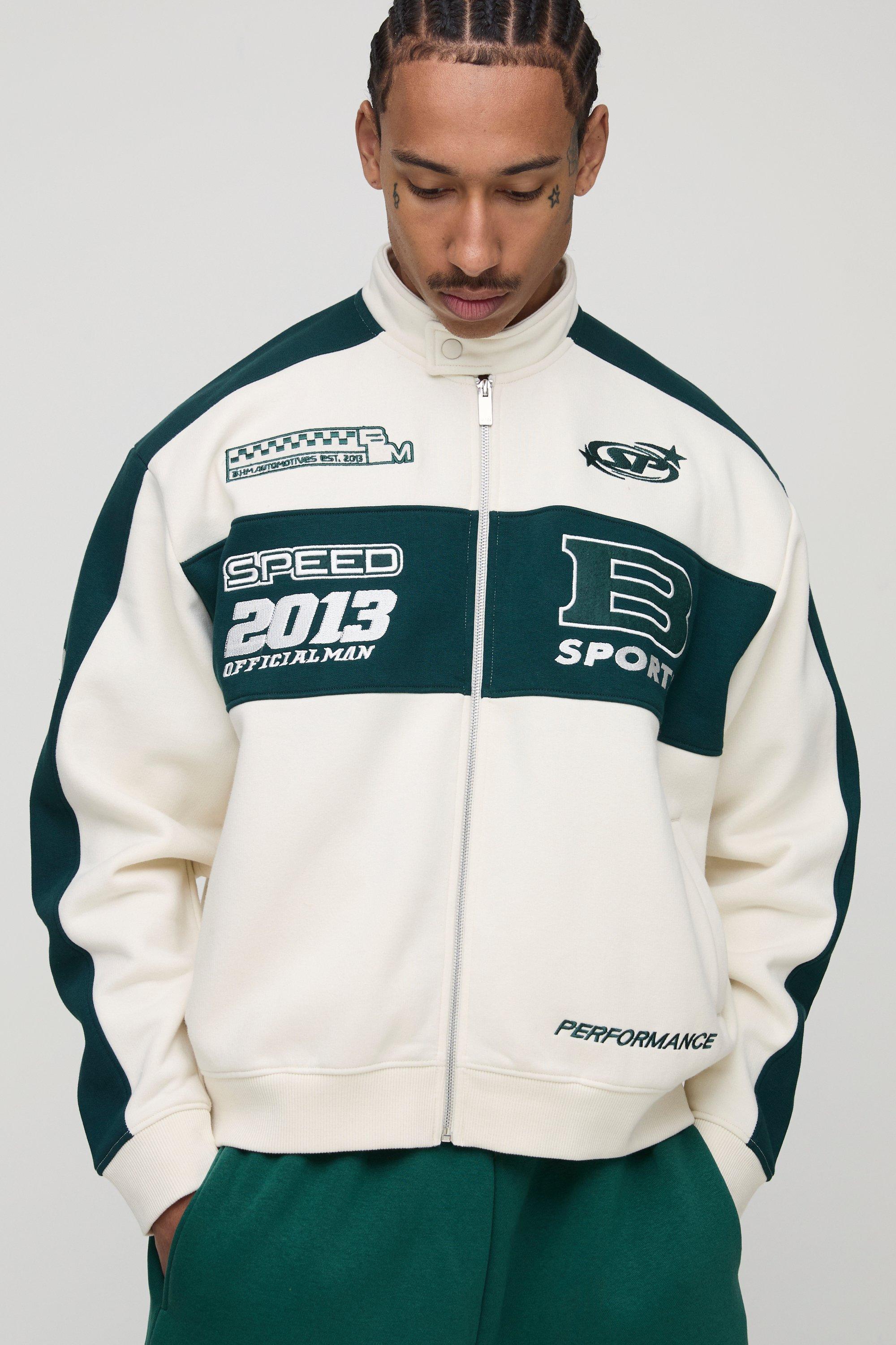 Mens Cream Oversized Jersey Moto Collar Bomber Jacket, Cream