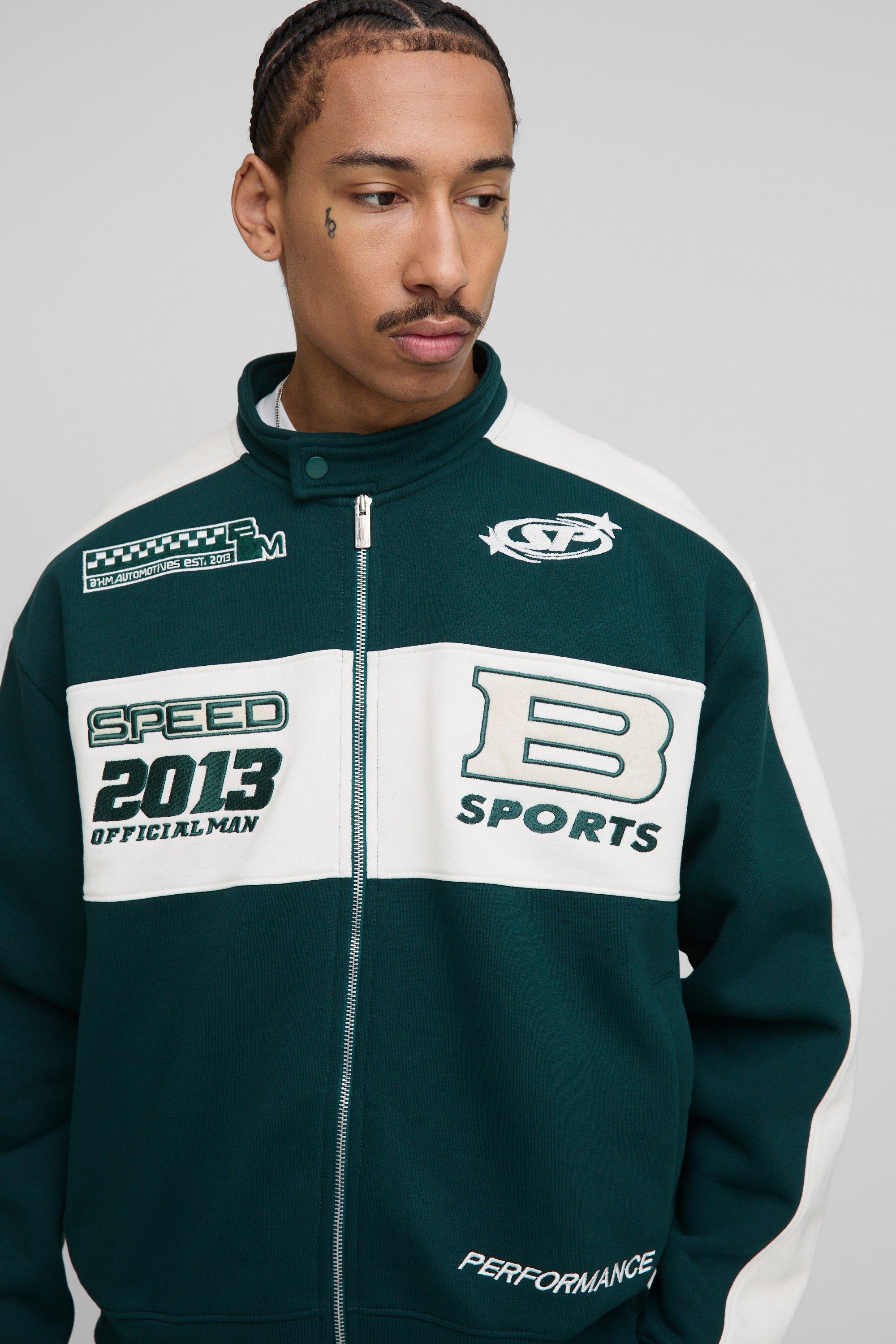 Mens Green Oversized Jersey Moto Collar Bomber Jacket, Green
