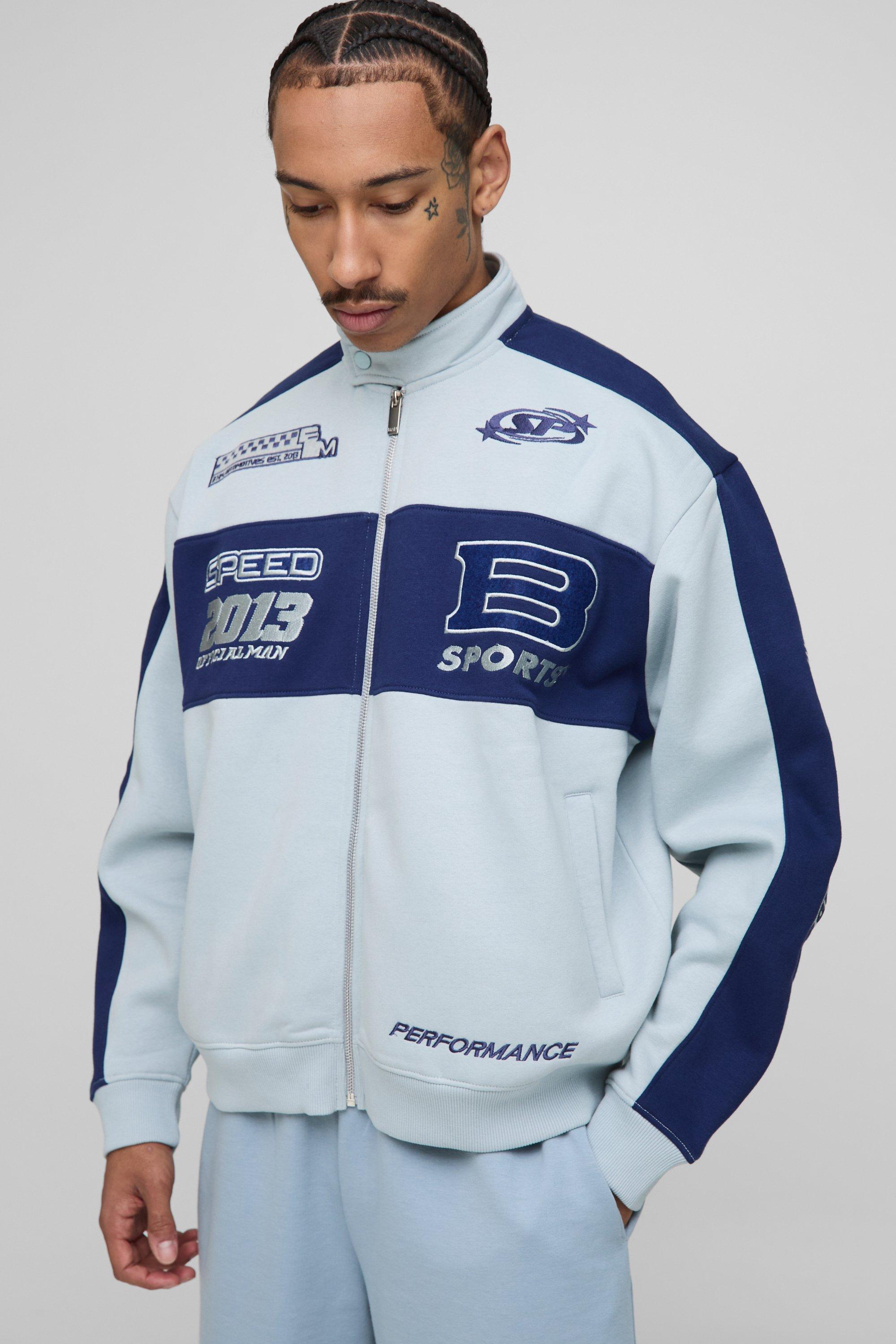 Mens Blue Oversized Jersey Moto Collar Bomber Jacket, Blue