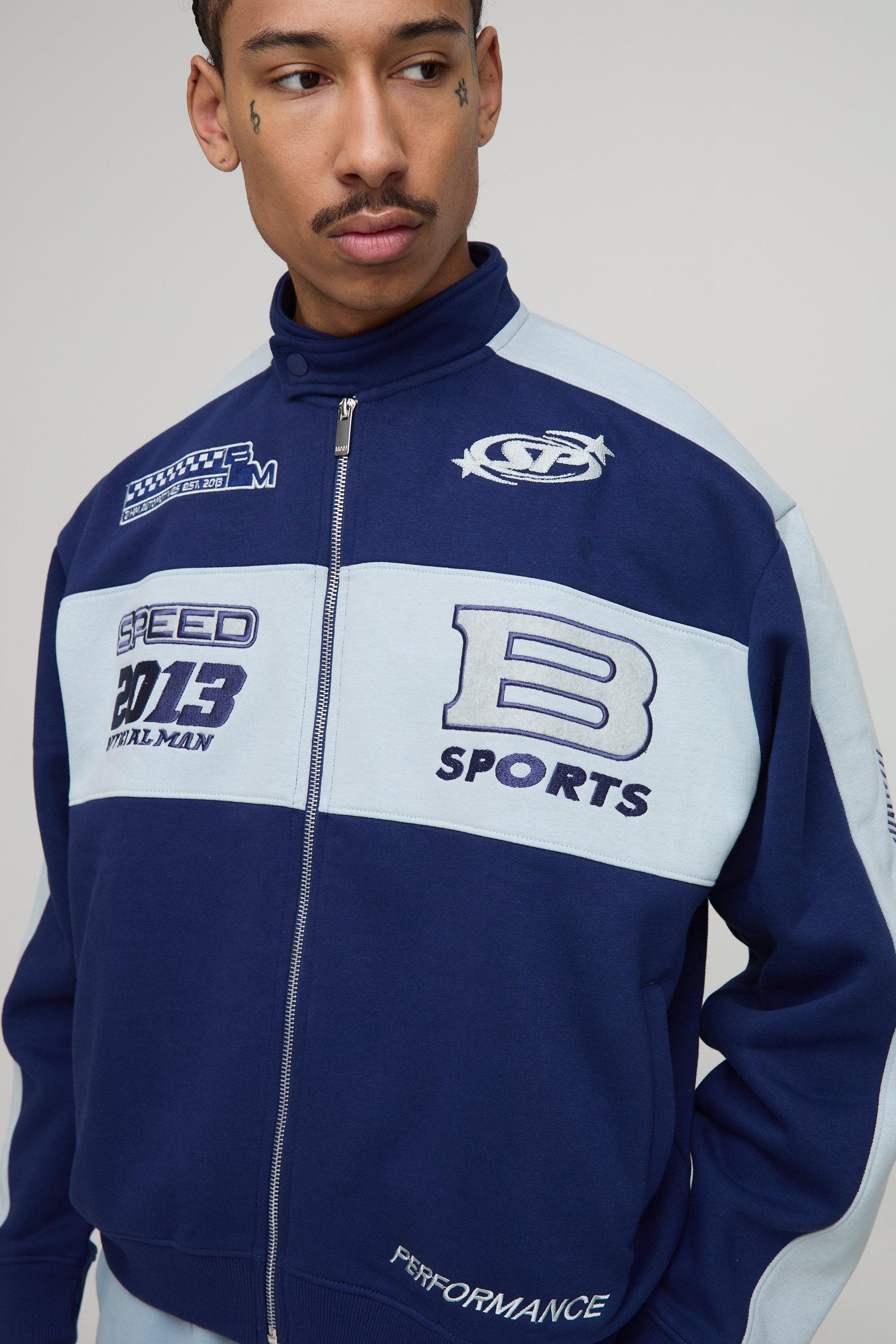 Mens Navy Oversized Jersey Moto Collar Bomber Jacket, Navy