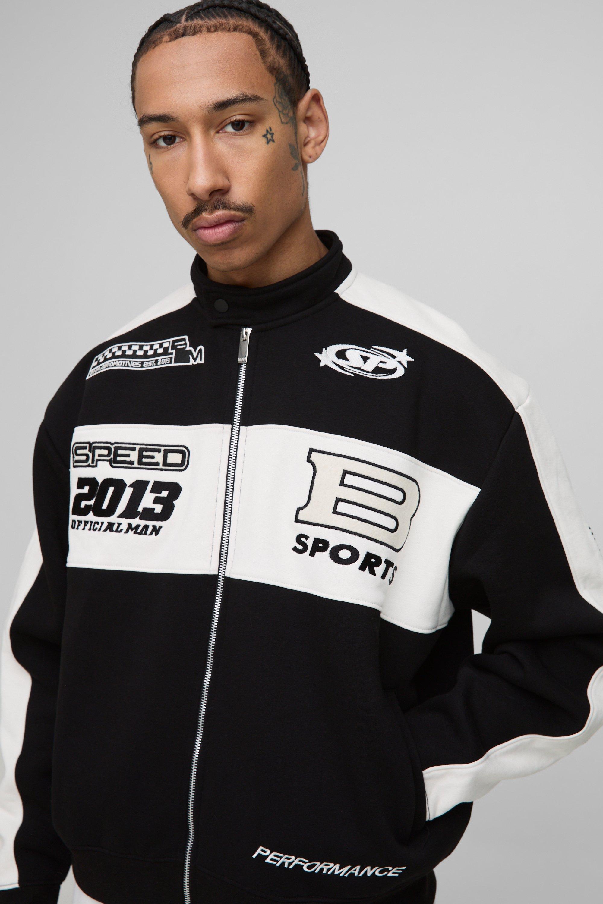 Mens Black Oversized Jersey Moto Collar Bomber Jacket, Black