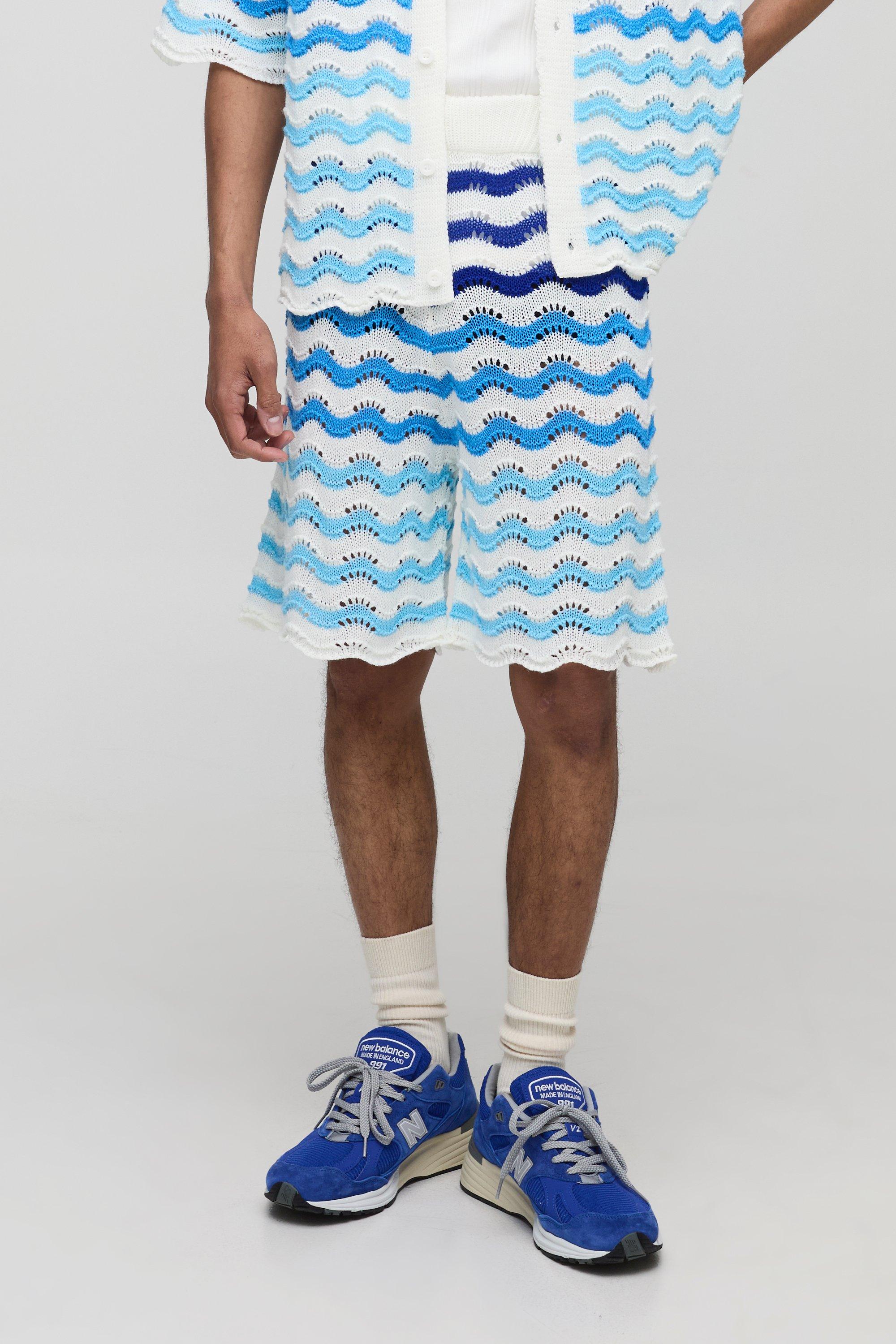 Mens Blue Relaxed Fit Striped Crochet Shorts, Blue
