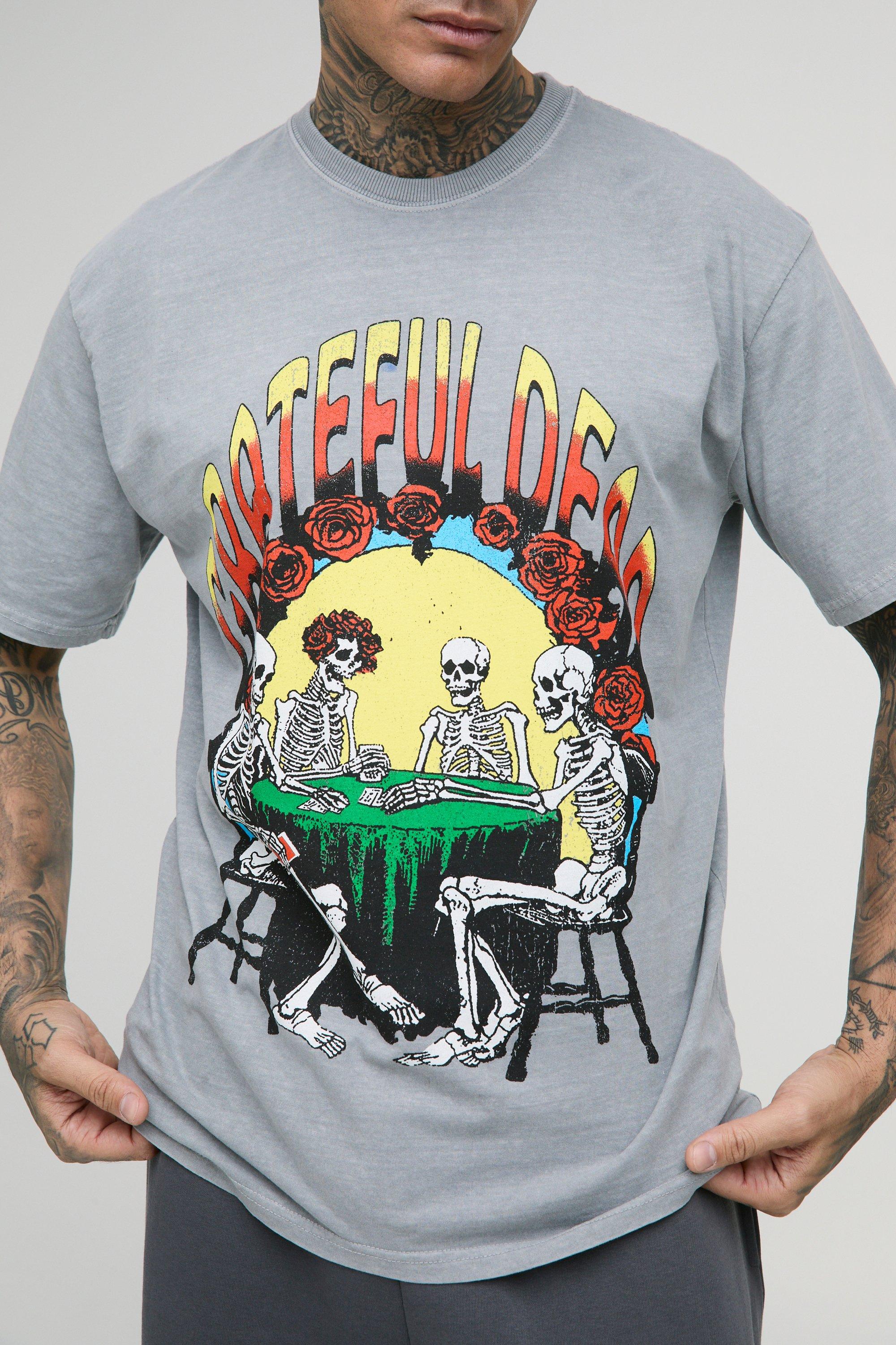 Mens Grey Tall Grateful Dead License Oversized Washed Print T-Shirt, Grey