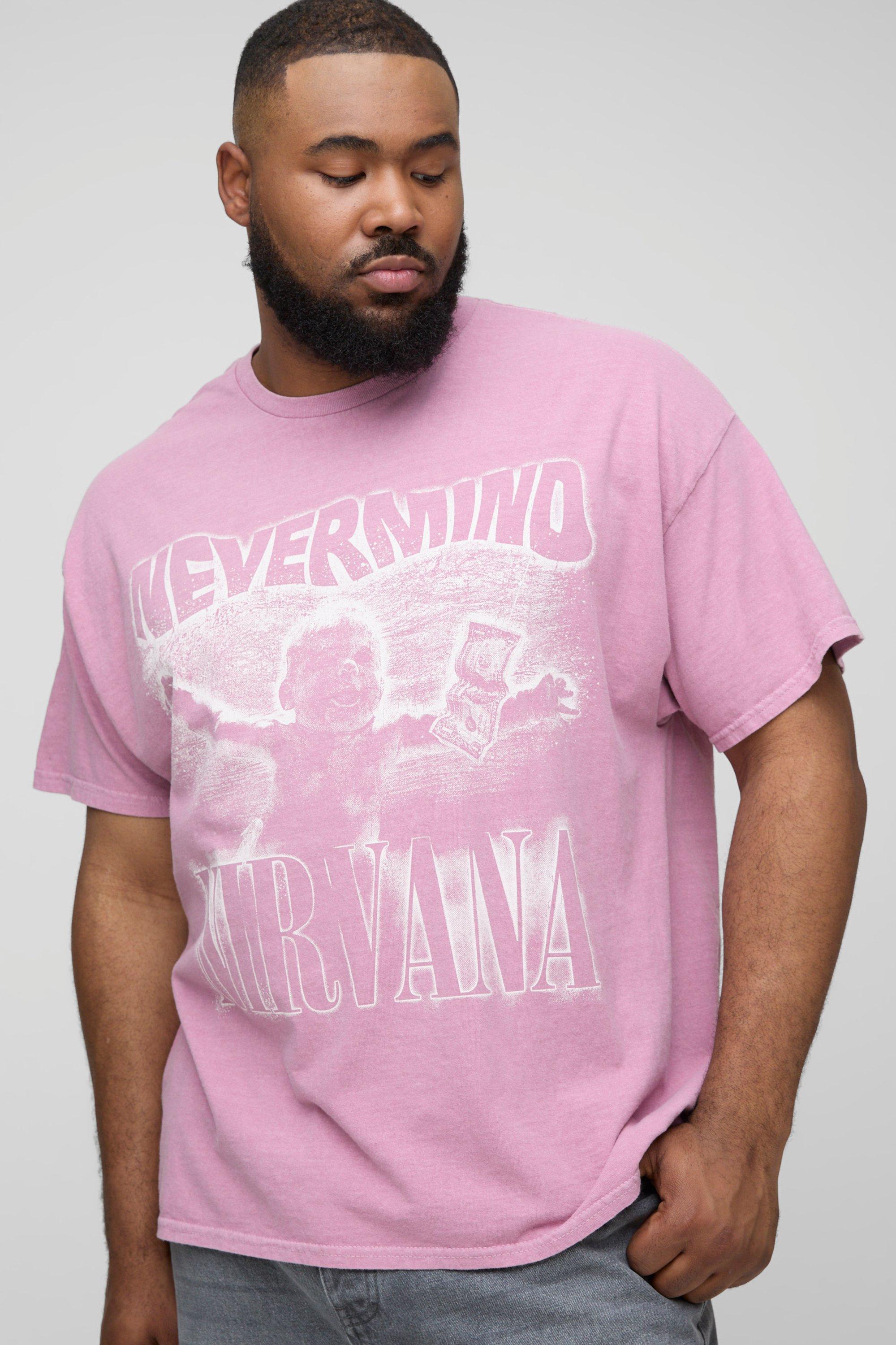 Mens Pink Plus Regular Fit Nirvana License Washed Print T-Shirt, Pink