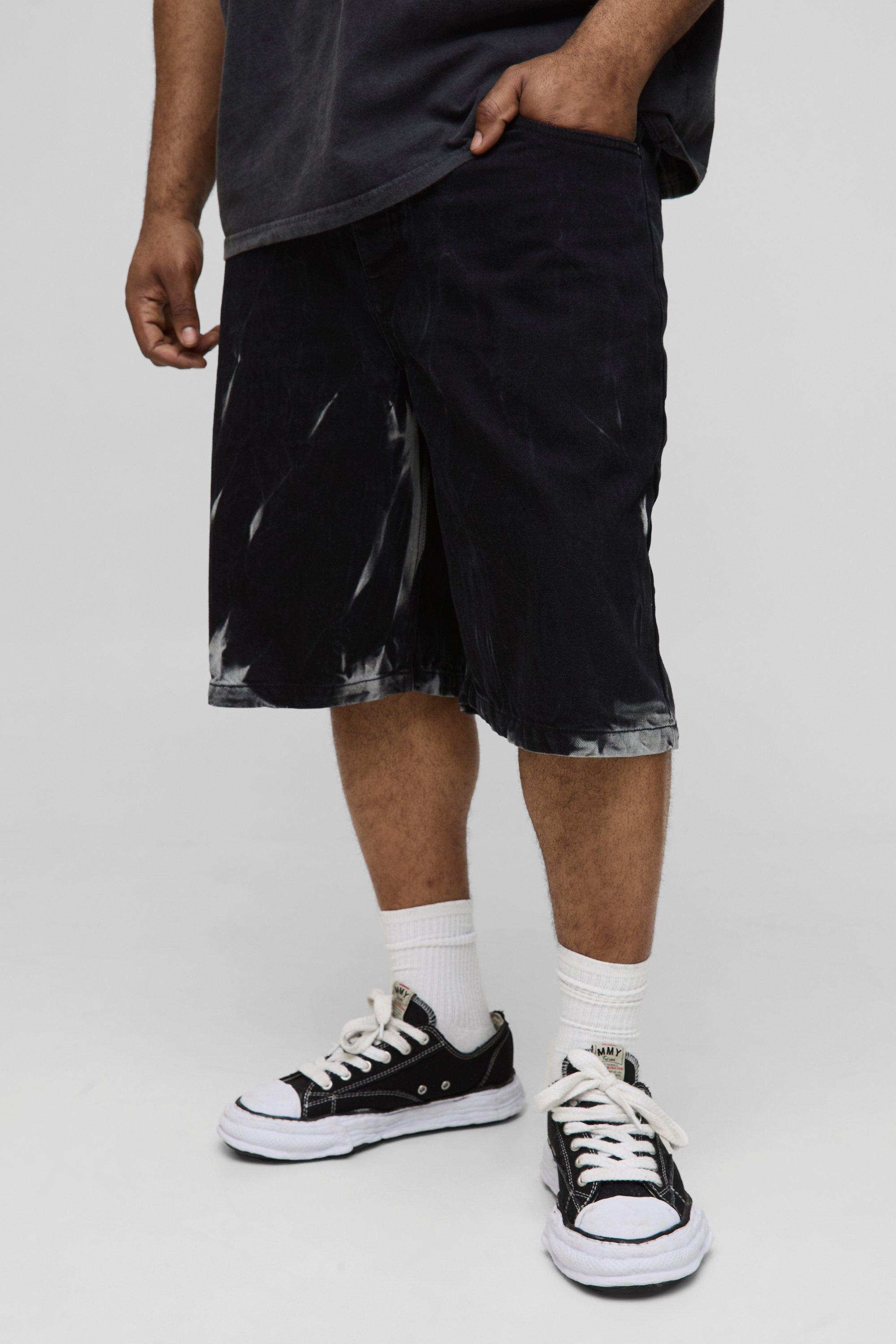 Mens Black Plus Relaxed Fit Tie Dye Washed Jorts, Black