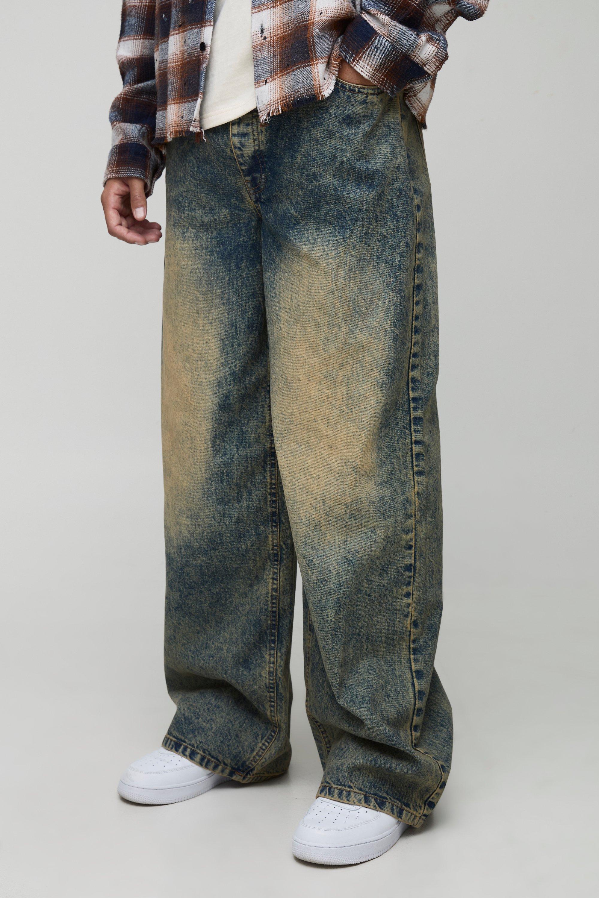Mens Green Tall Extreme Tinted Wash Baggy Fit Jeans, Green