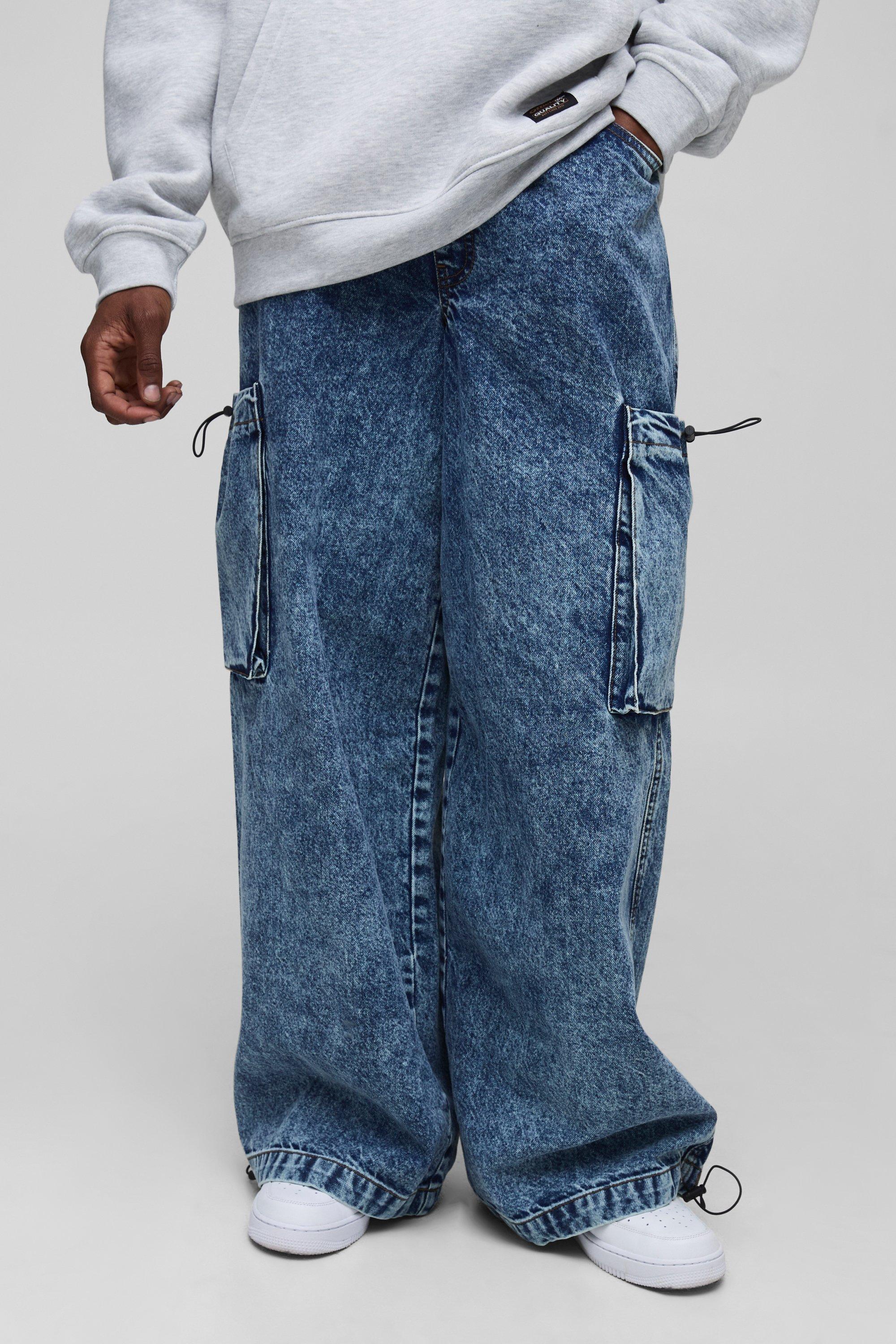 Boohoo Tall Acid Wash Gebleekte Cargo Jeans Met Touwtjes, Mid Wash