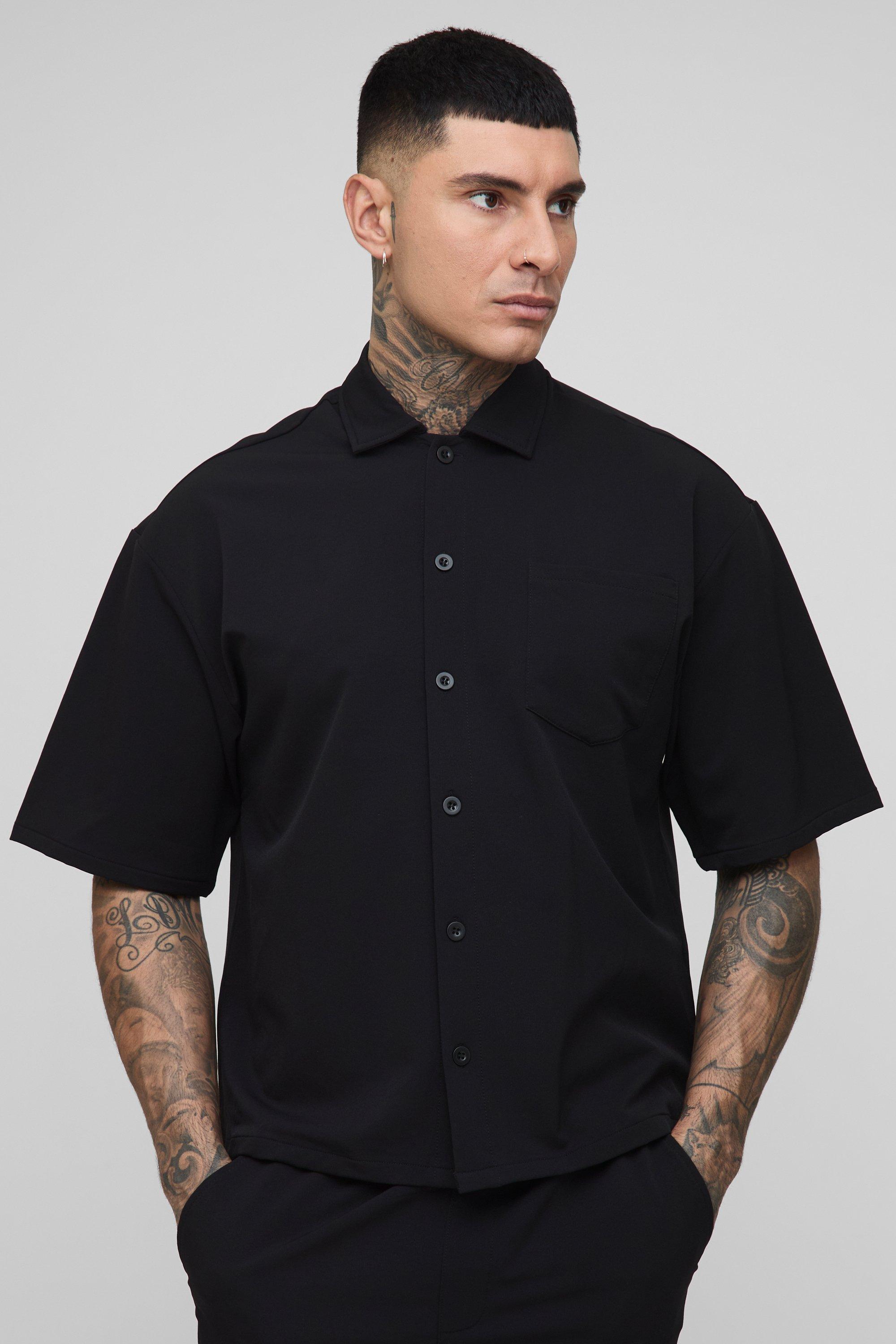 Mens Black Tall Technical Stretch Short Sleeve Boxy Oversized Shirt, Black