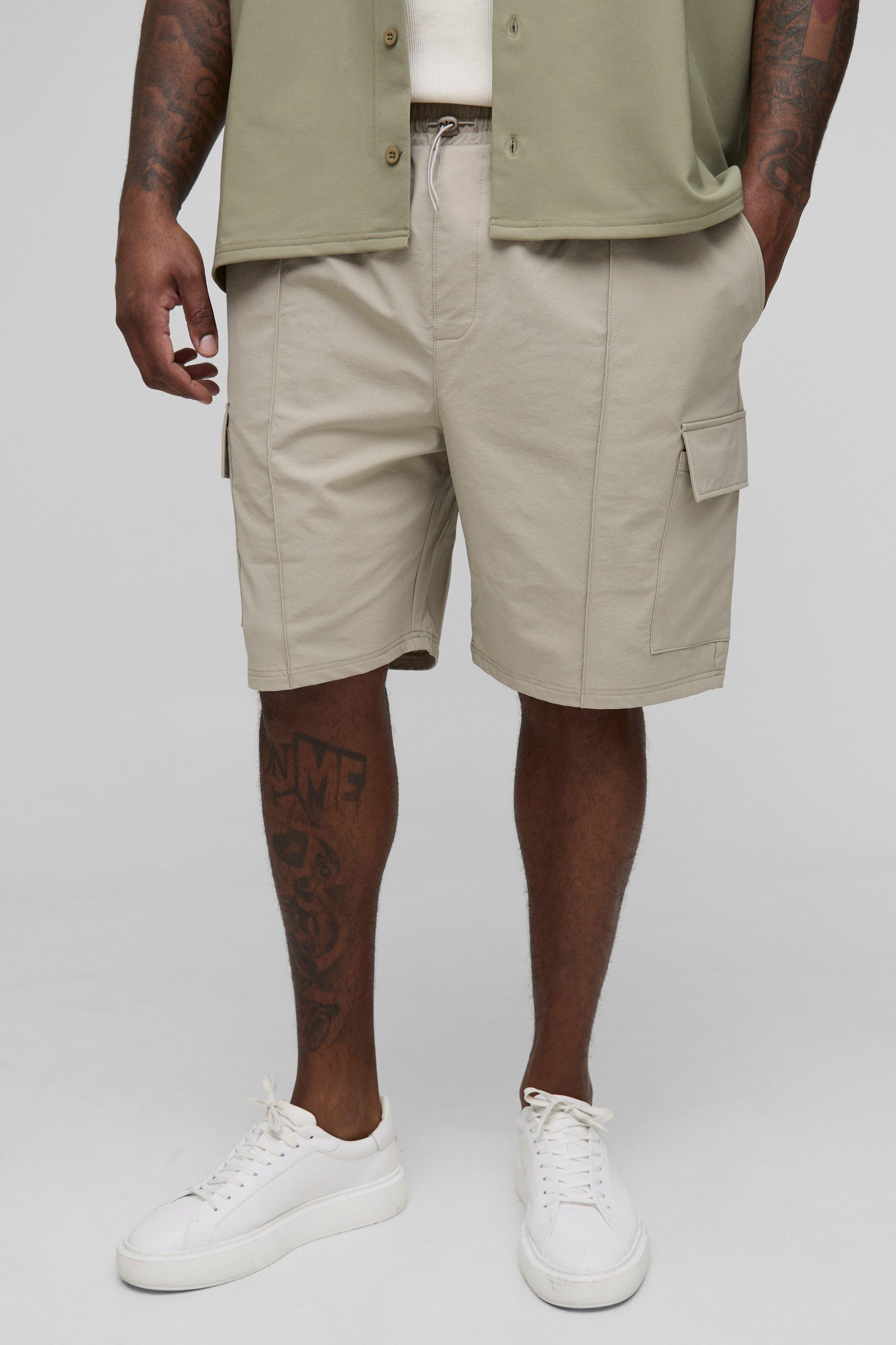 Mens Beige Plus Relaxed Fit Technical Stretch Cargo Shorts, Beige