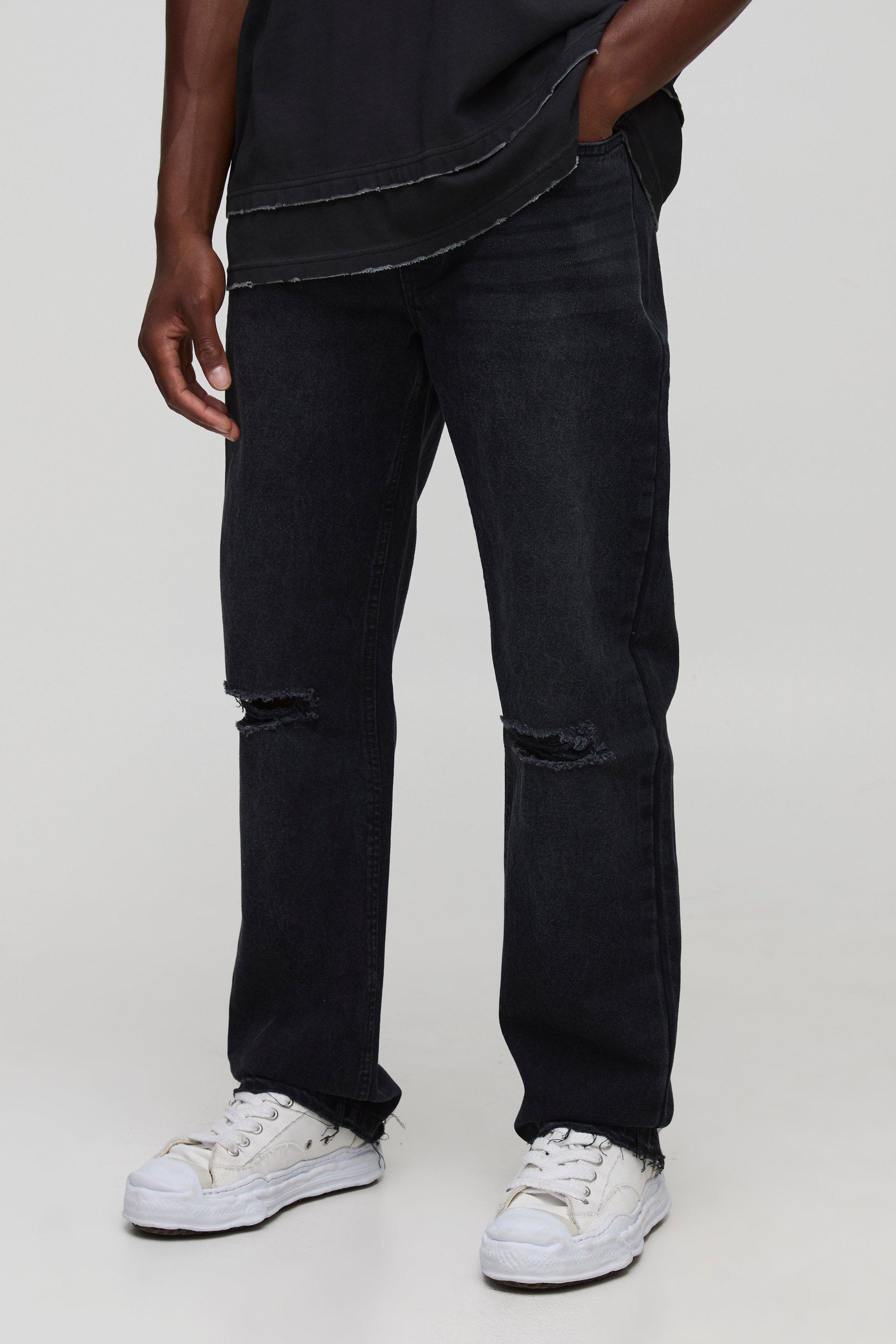 Mens Black Straight Leg Ripped Knee With Let Down Hem, Black