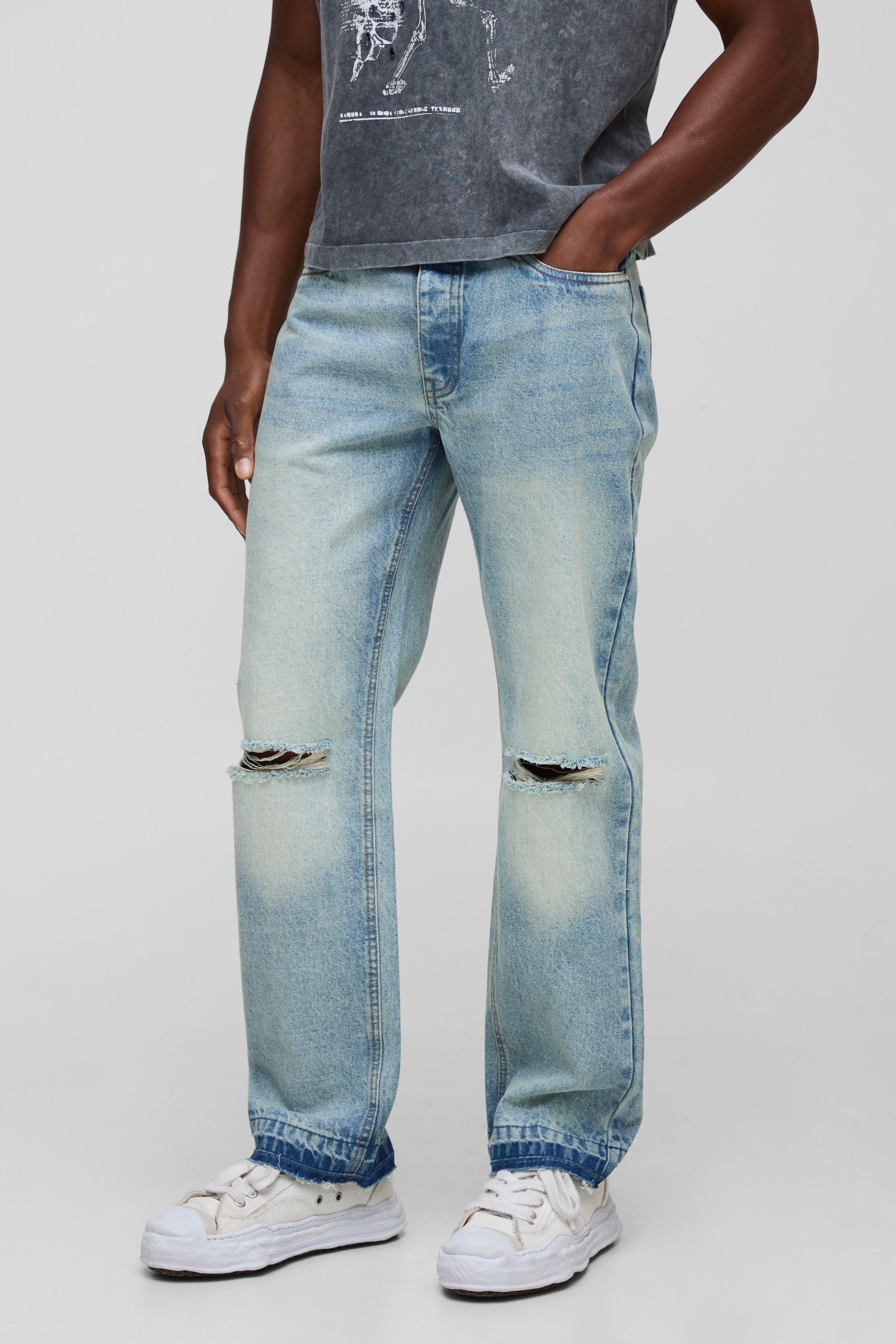 Mens Blue Straight Leg Ripped Knee With Let Down Hem, Blue