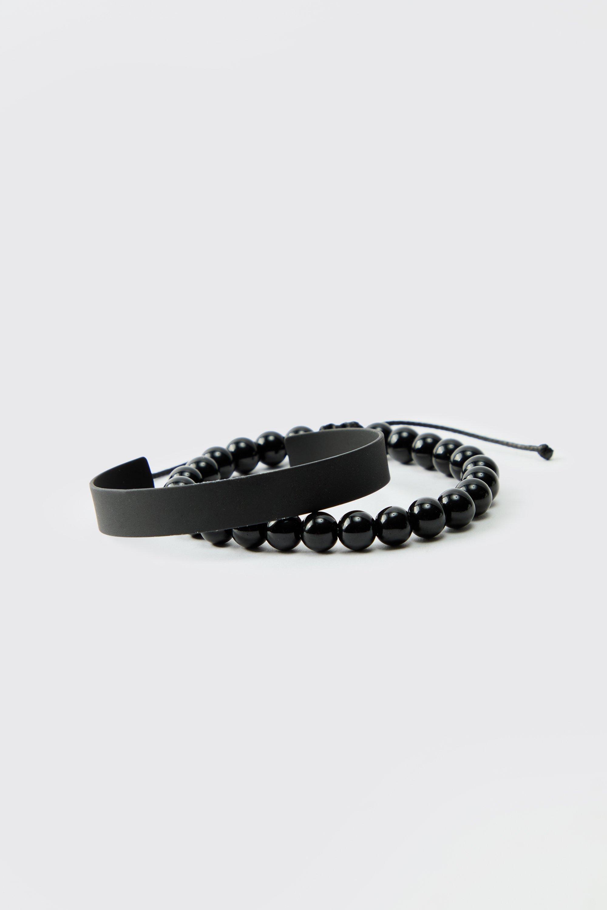 Mens Black Beaded Bracelet Set, Black