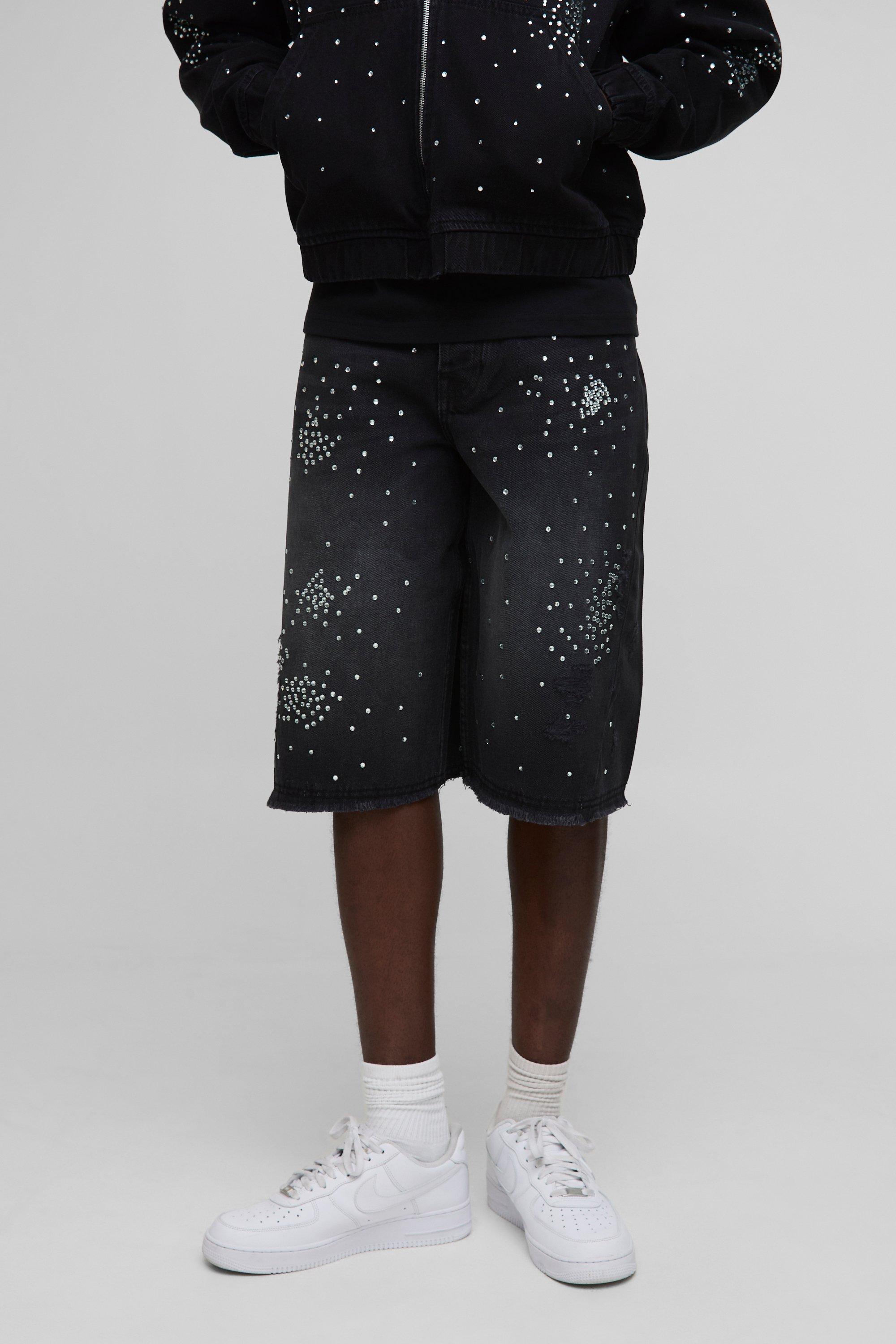 Mens Longline Distressed Embellished Rigid Jorts In Washed Black, Black
