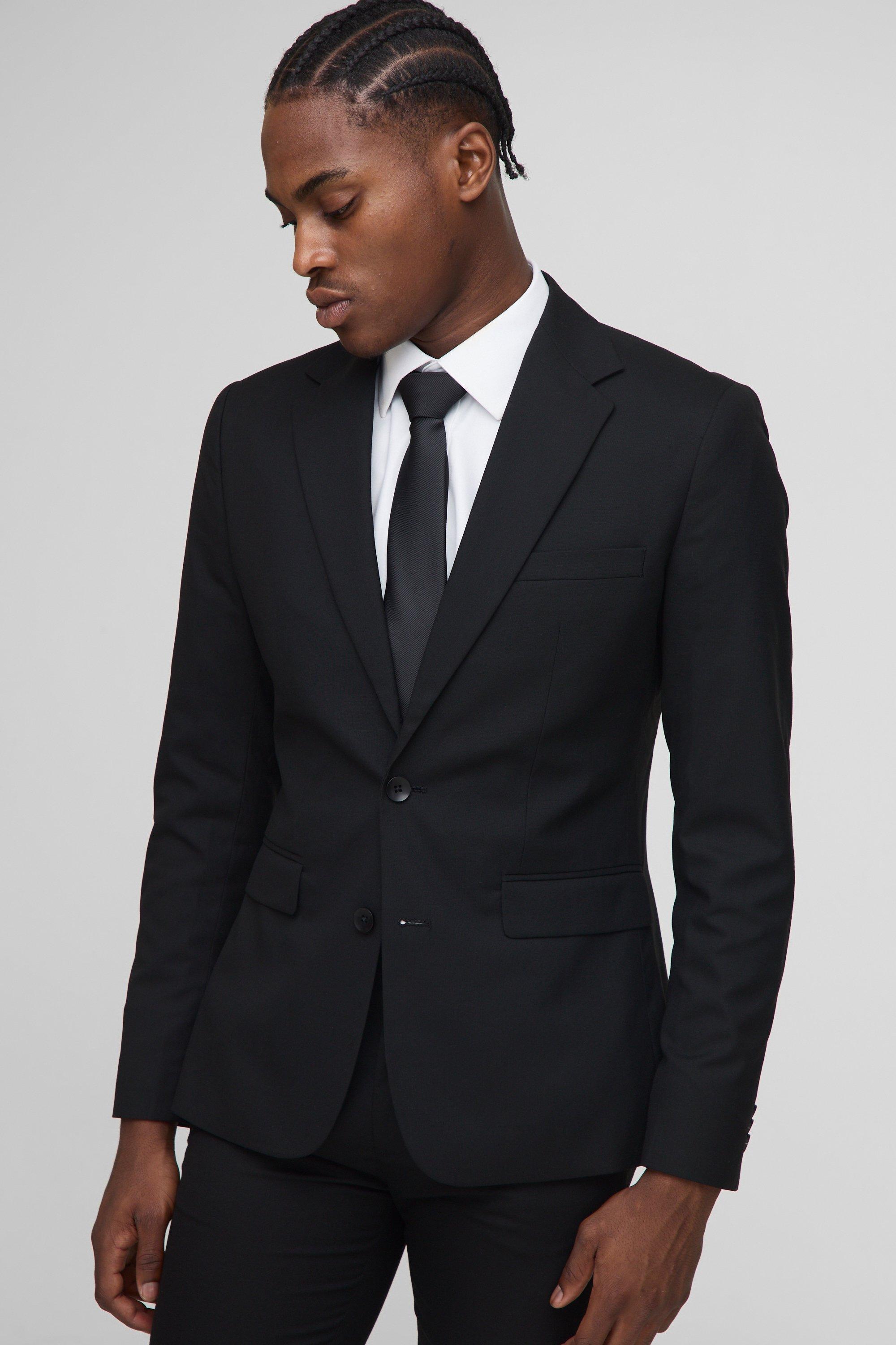 Mens Black Skinny Single Breasted Suit Jacket, Black