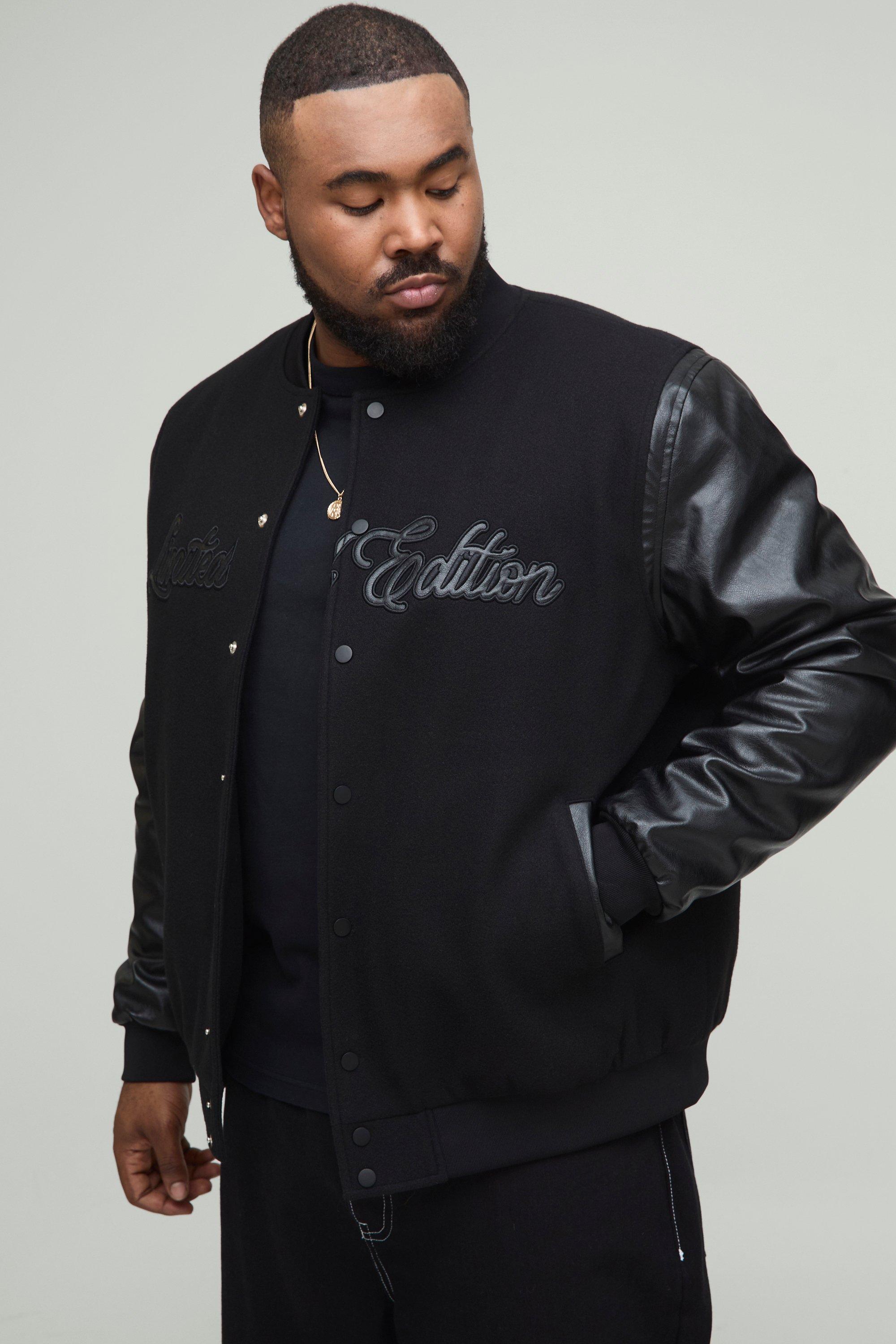 Mens Black Plus Tonal Limited Edition Regular Fit Melton Bomber Jacket, Black