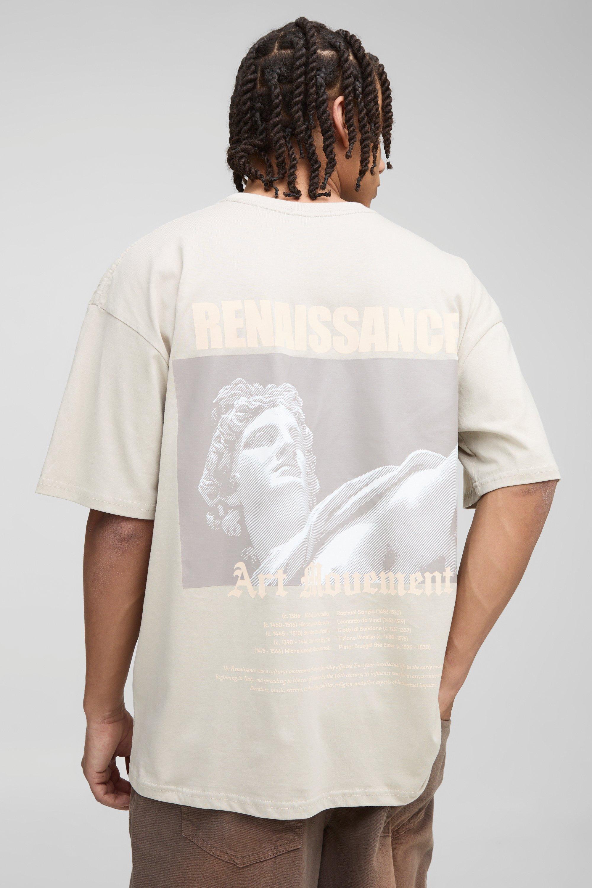 Mens Beige Oversized Statue Print T-Shirt, Beige