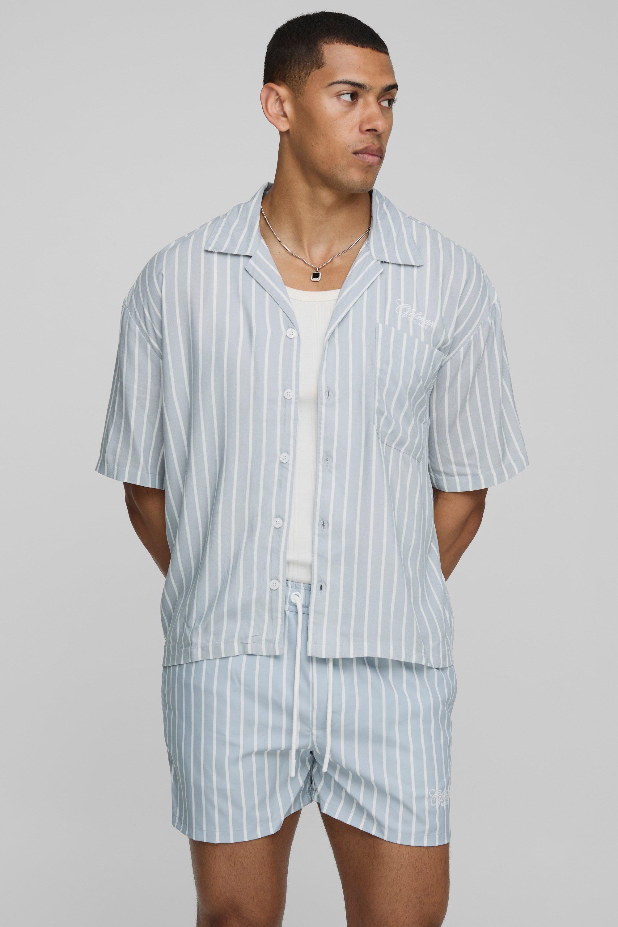 Mens Grey Oversized Boxy Fit Pinstripe Shirt and Swim Set, Grey