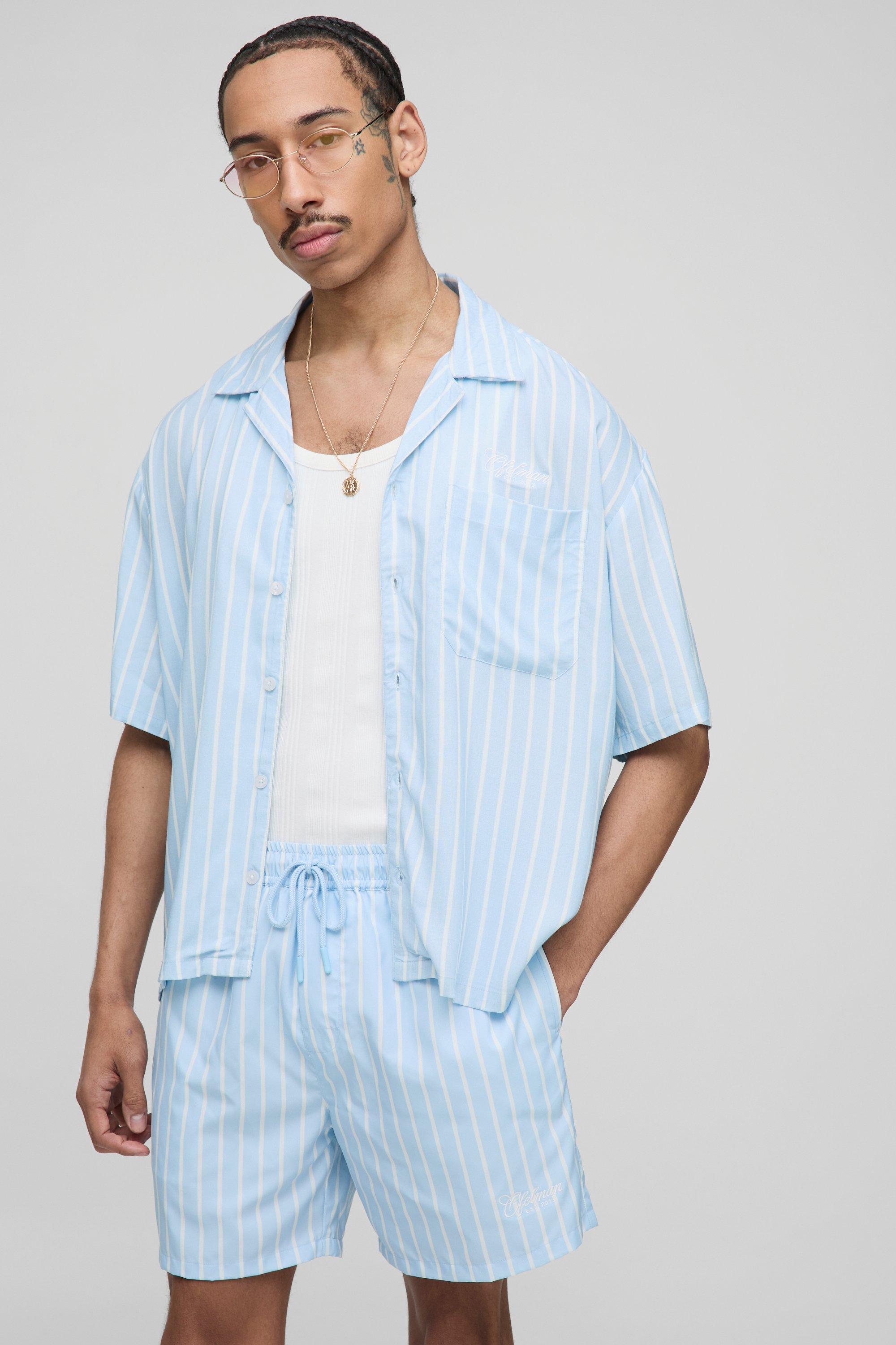 Image of Set camicia a righe verticali & costume a pantaloncino, Azzurro