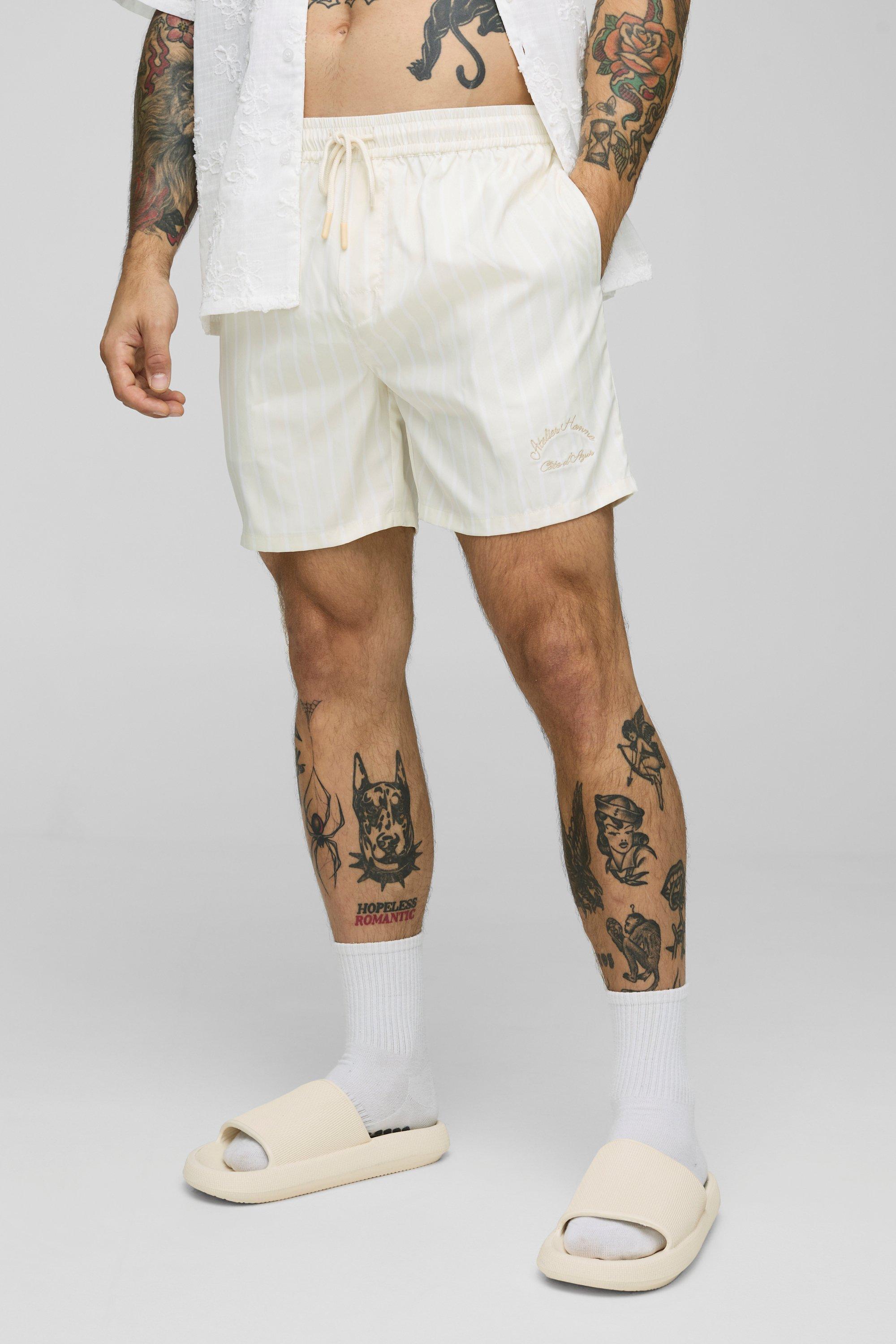 Mens Beige Branded Stripe Mid Length Swim Short, Beige