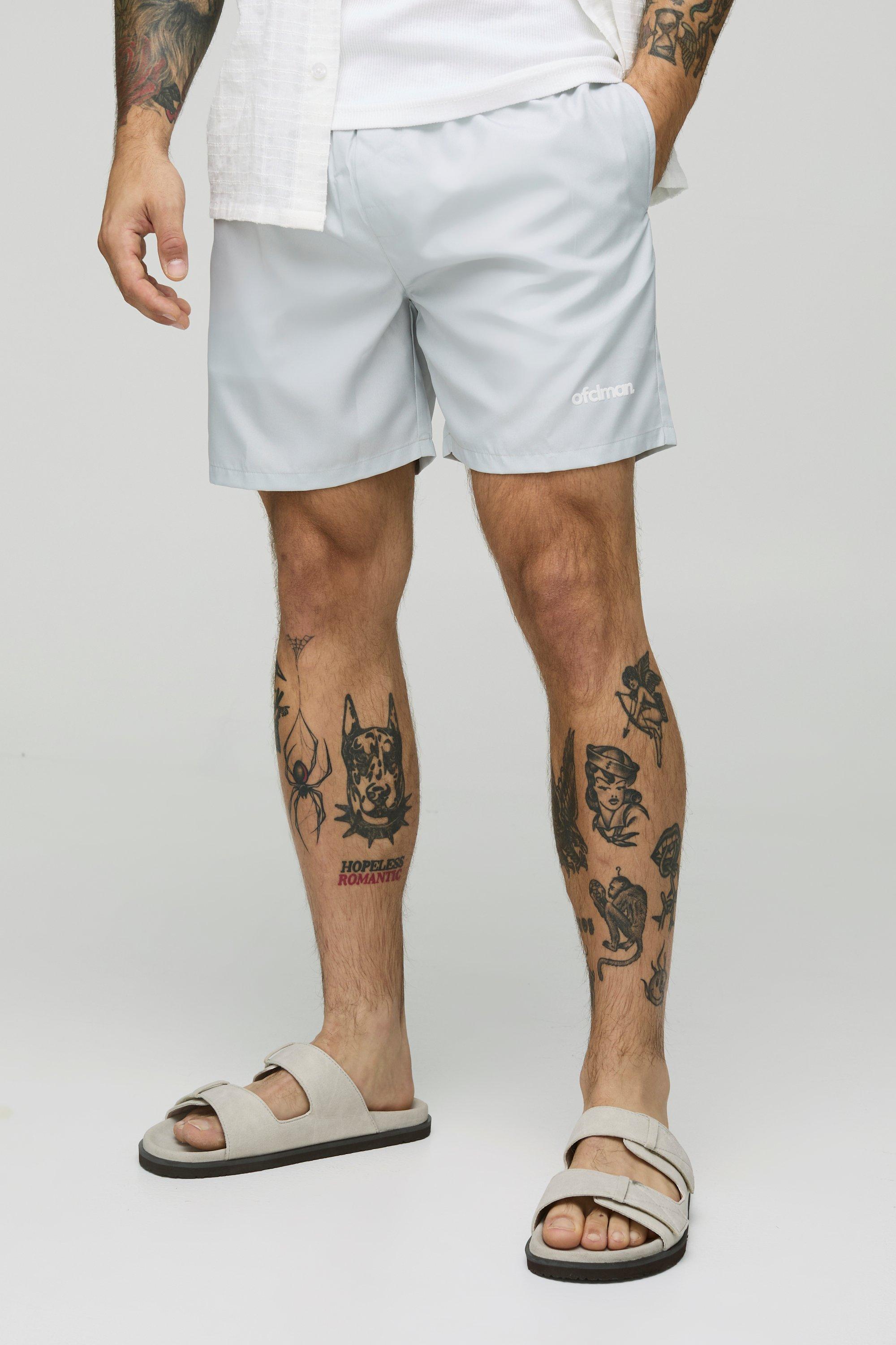 Mens Grey Mid Length Official Man Branded Swim Shorts, Grey