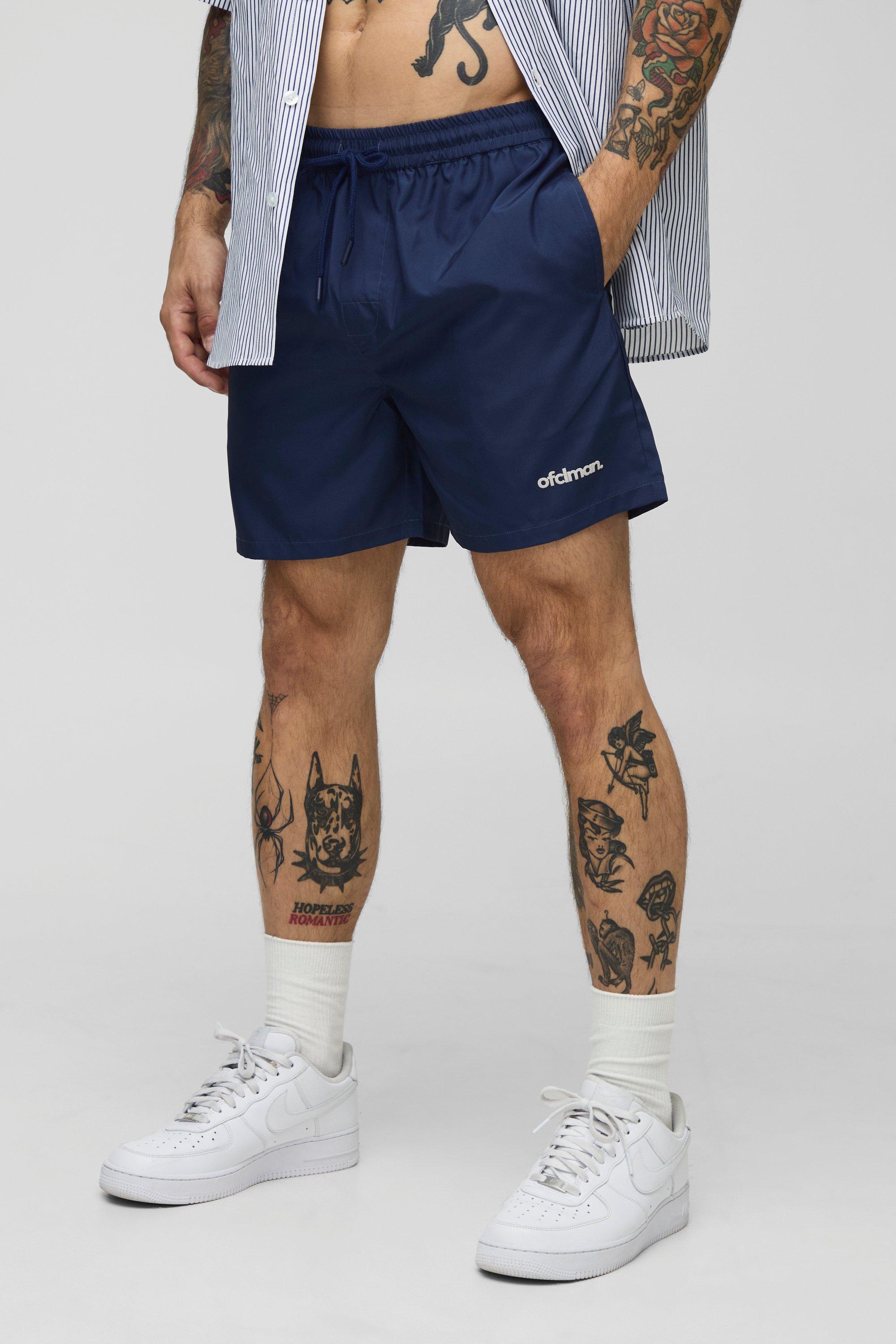 Mens Navy Mid Length Official Man Branded Swim Shorts, Navy