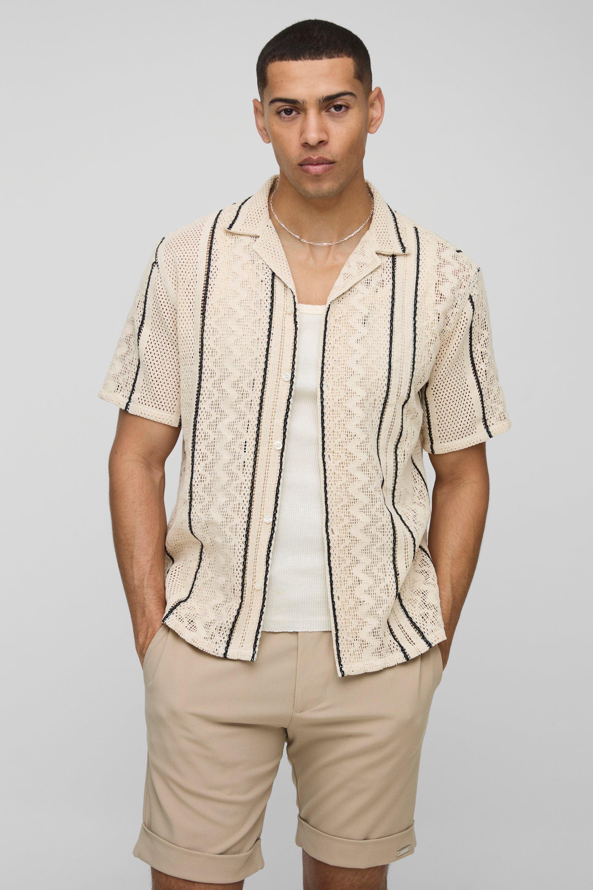 Mens Cream Oversized Open Weave Stripe Shirt, Cream