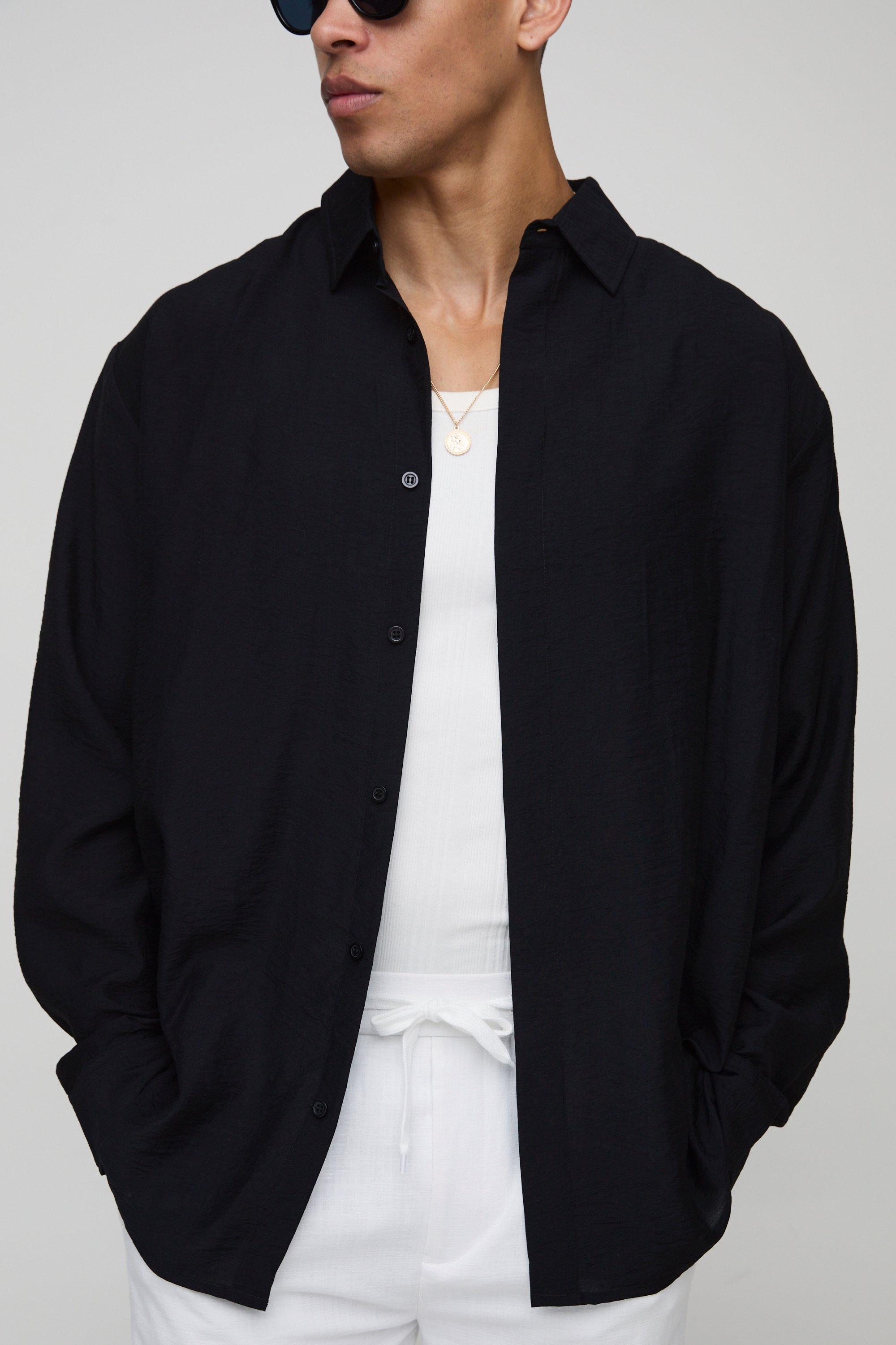 Mens Black Oversized Crinkle Viscose Long Sleeve Shirt, Black