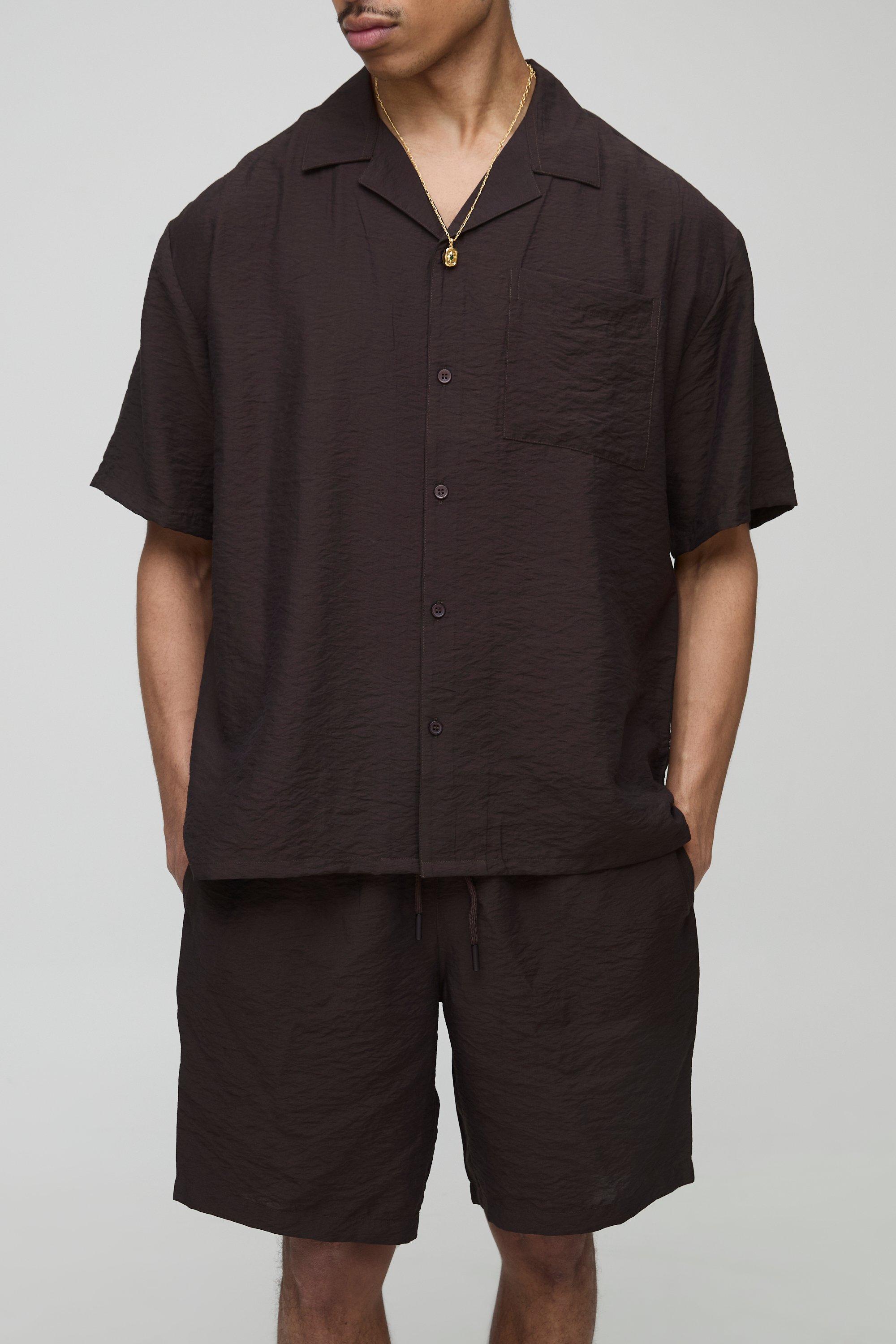 Mens Brown Oversized Crinkle Viscose Shirt & Relaxed Short Set, Brown