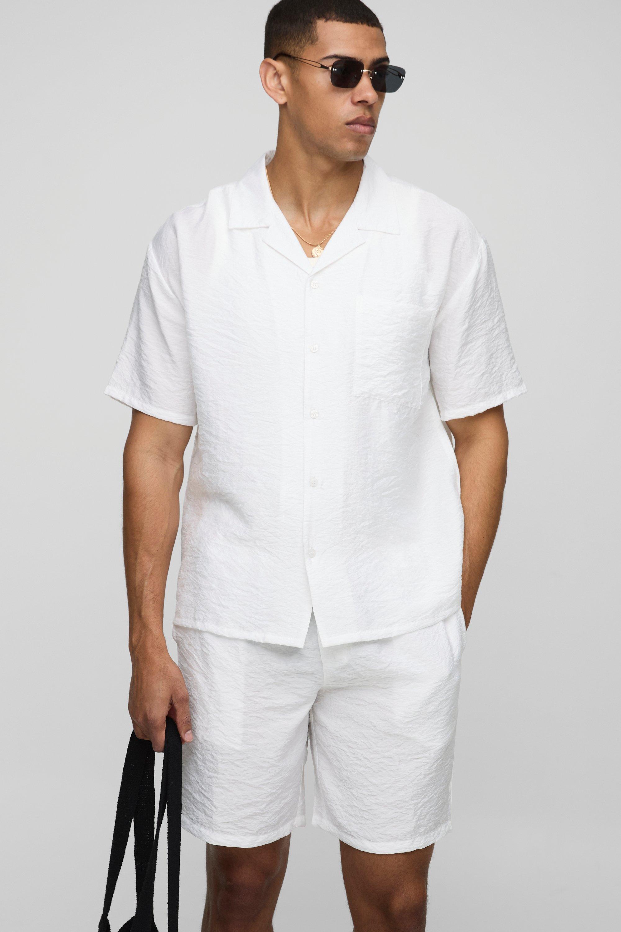 Image of Set camicia oversize in viscosa effetto goffrato & pantaloncini rilassati, Bianco