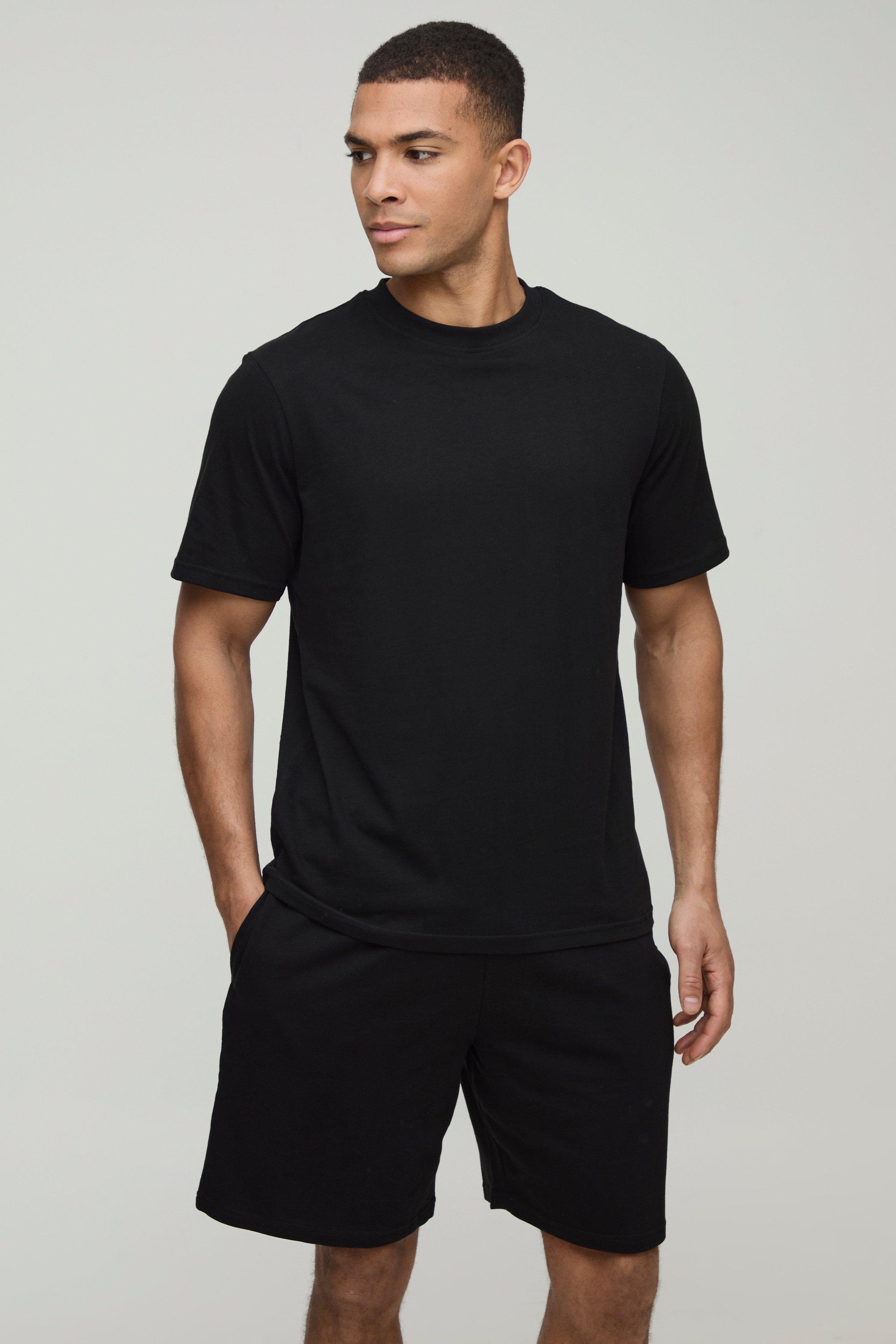 Mens Black Regular Fit Basic T-Shirt and Short Set, Black