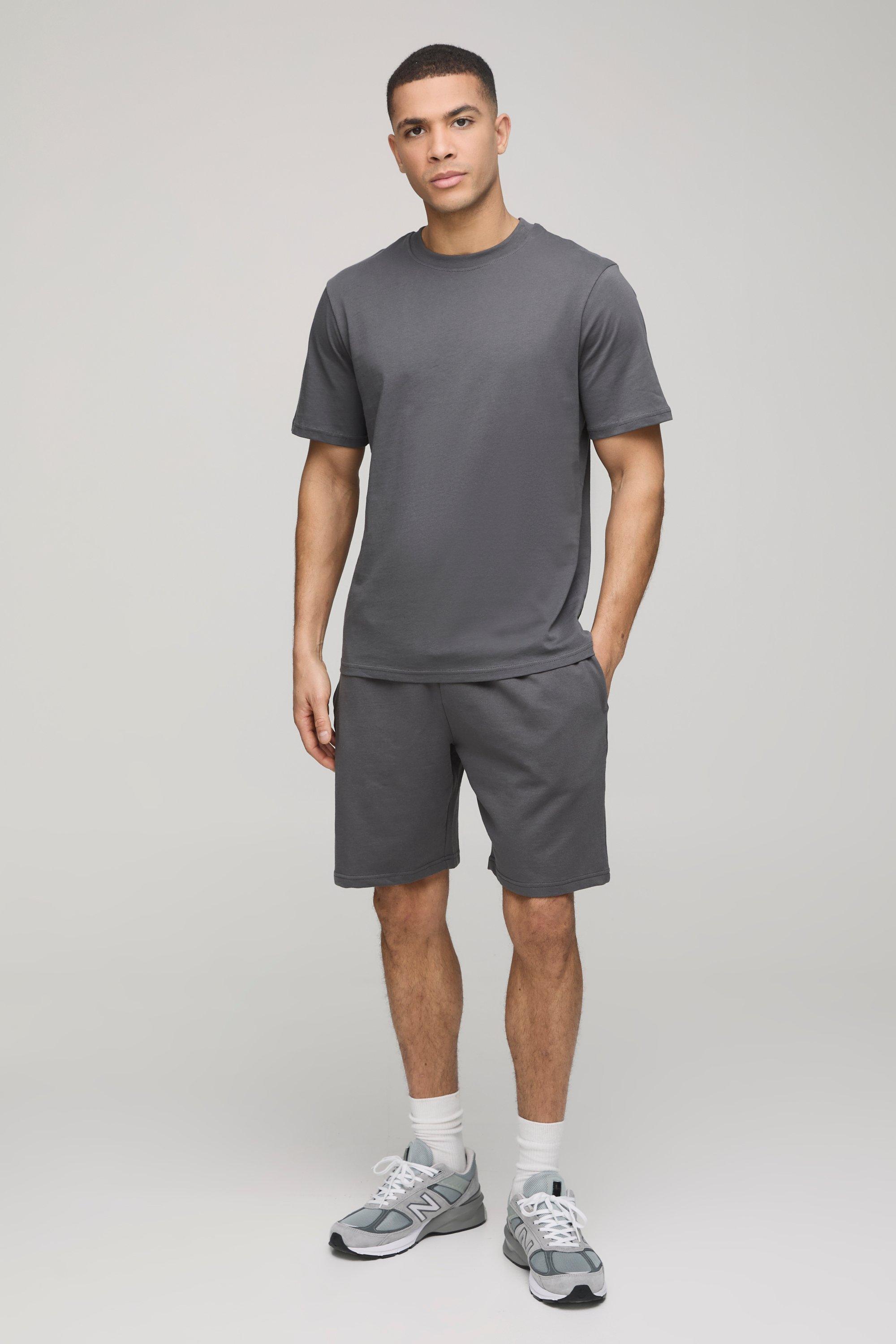 Mens Grey Regular Fit Basic T-Shirt and Short Set, Grey