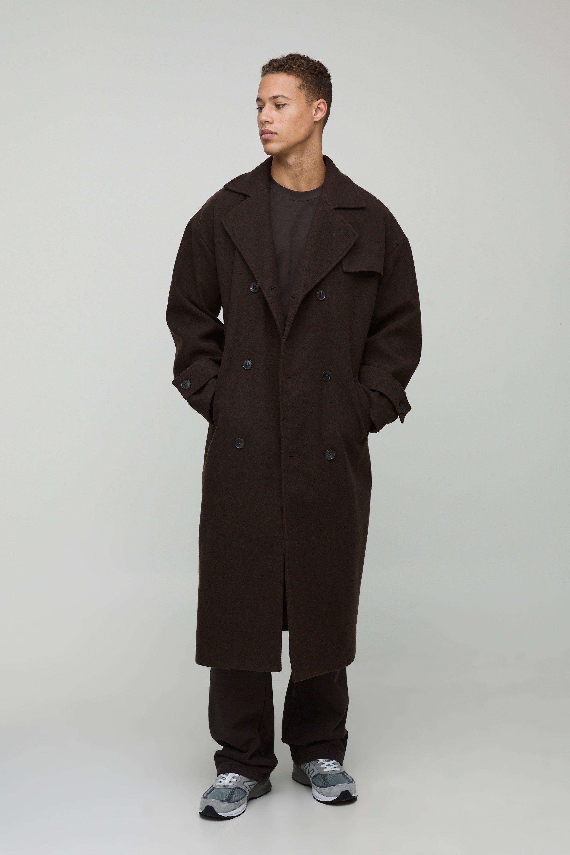 Image of Tall Oversized Double Breasted Trench Overcoat in Chocolate, Brown