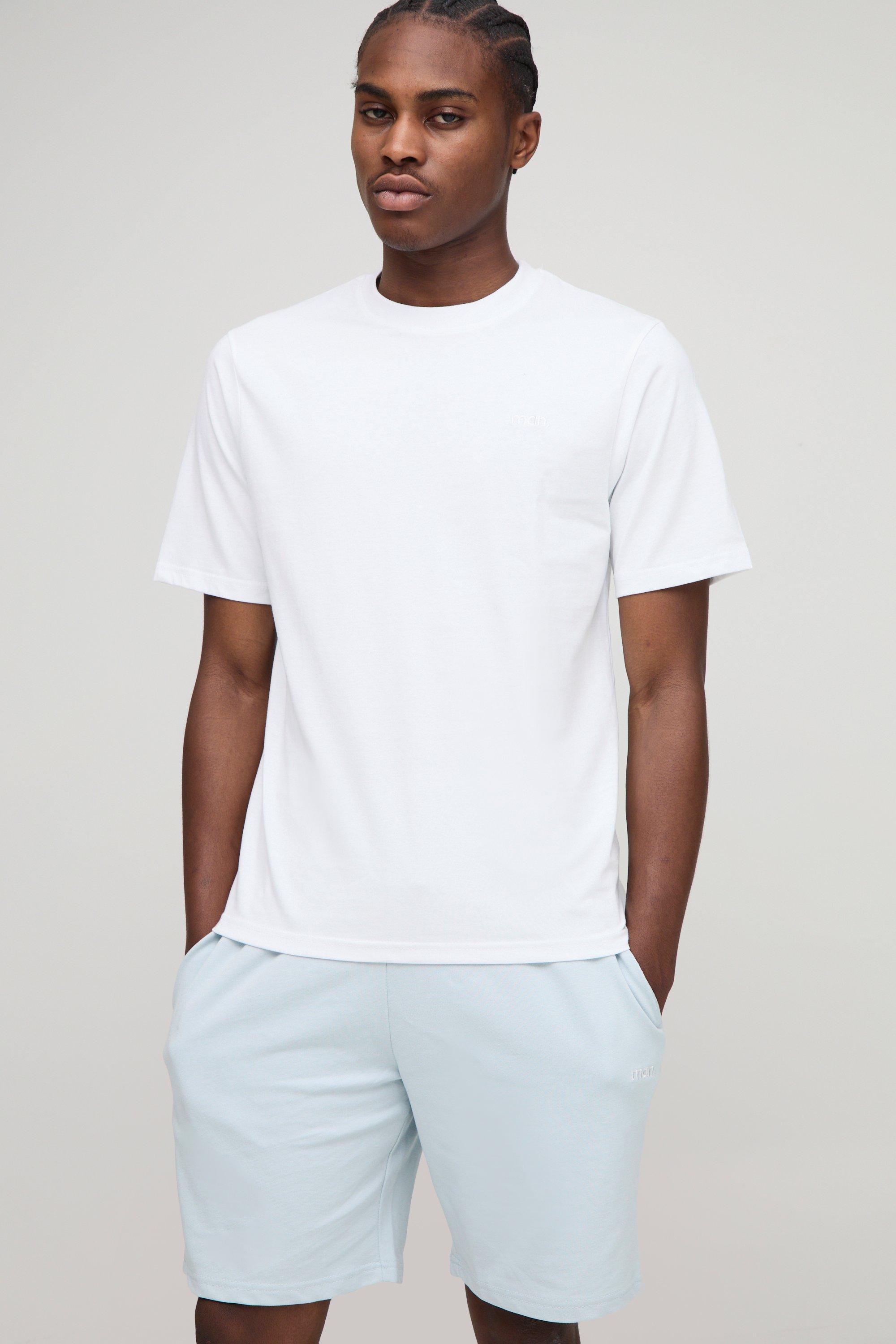 Mens Blue Regular Fit MAN. Embroidered T-Shirt and Short Set, Blue