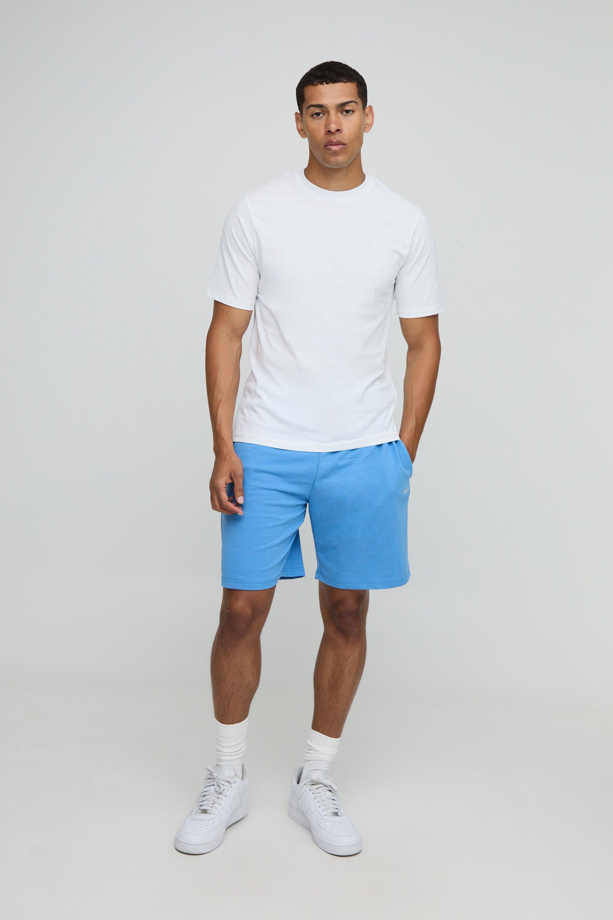 Mens Blue Regular Fit MAN. Embroidered T-Shirt and Short Set, Blue