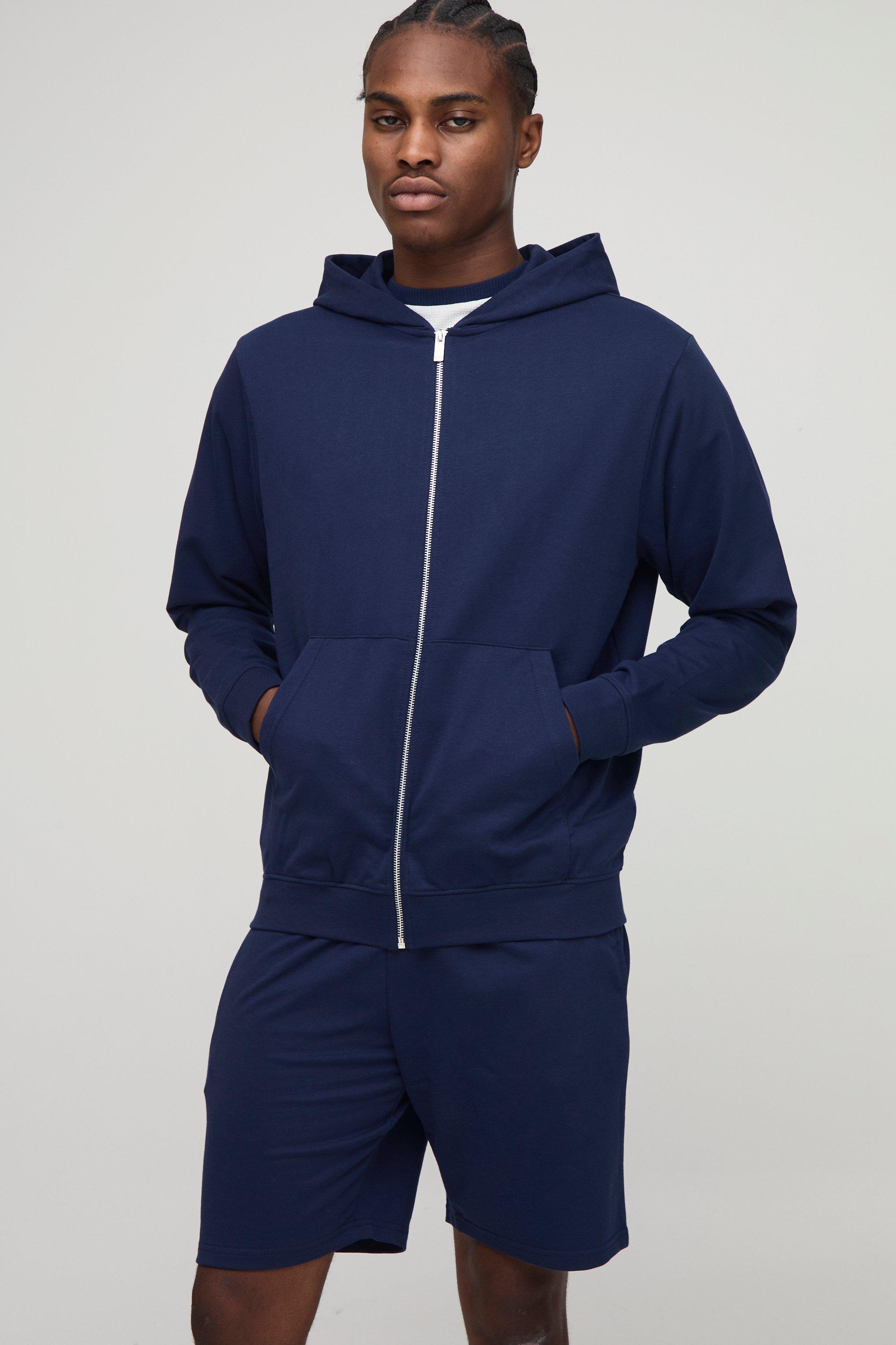Mens Navy Lightweight Basic Regular Fit Zip Through Hoodie and Relaxed Fit Short Set, Navy